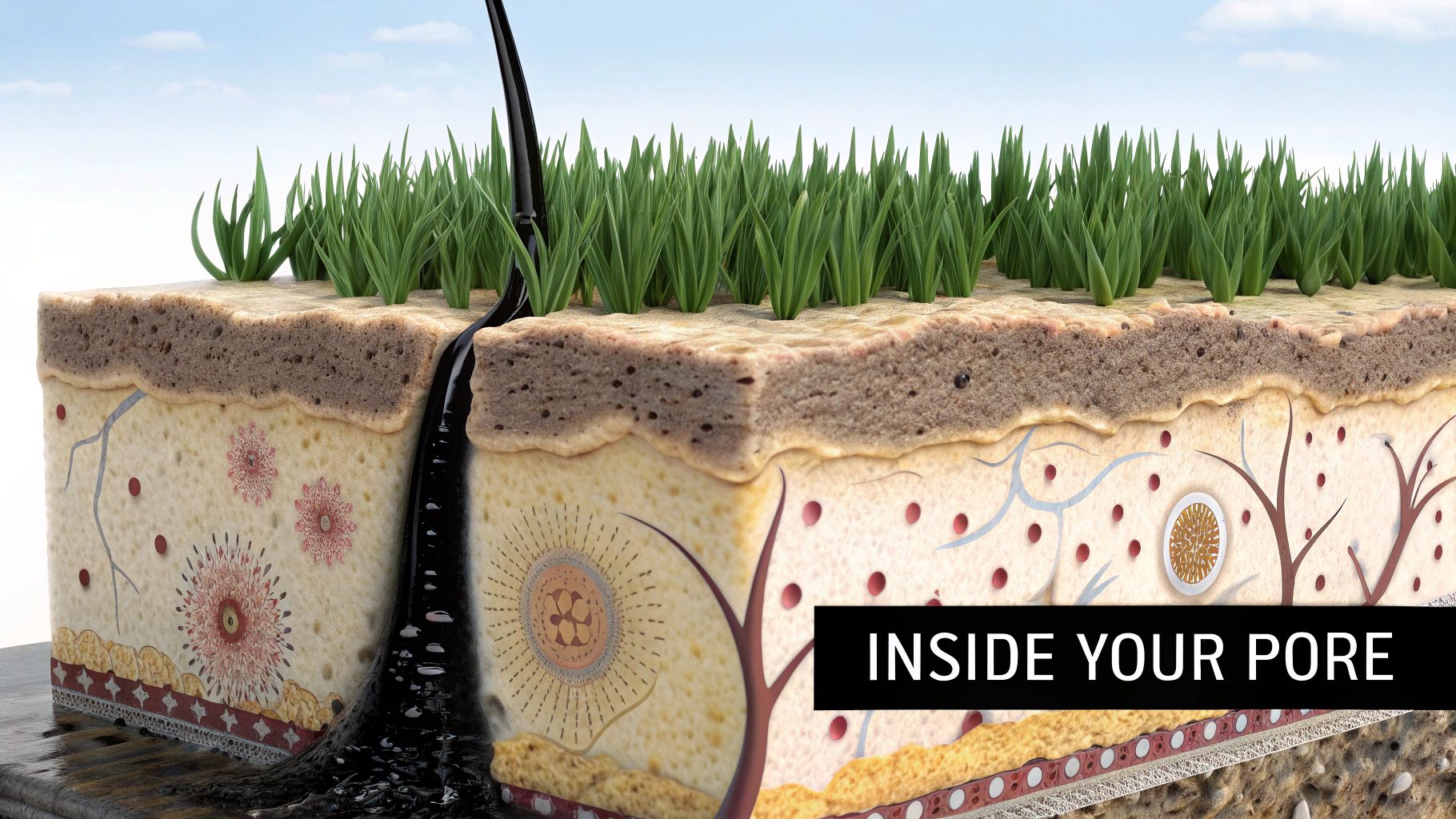 Detailed 3D diagram of skin layers, a pore, and sebaceous glands with black liquid entering.