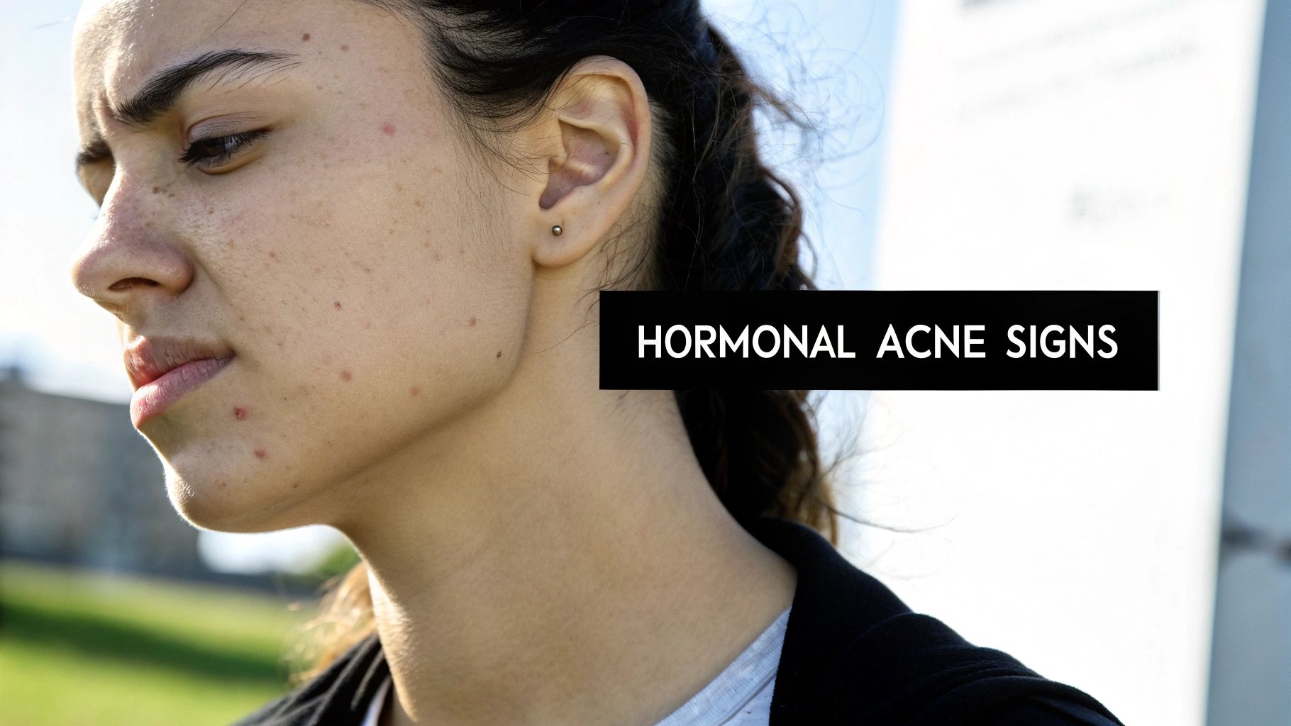 Close-up profile of a young woman's face with acne on her cheek and jawline, illustrating hormonal acne signs.