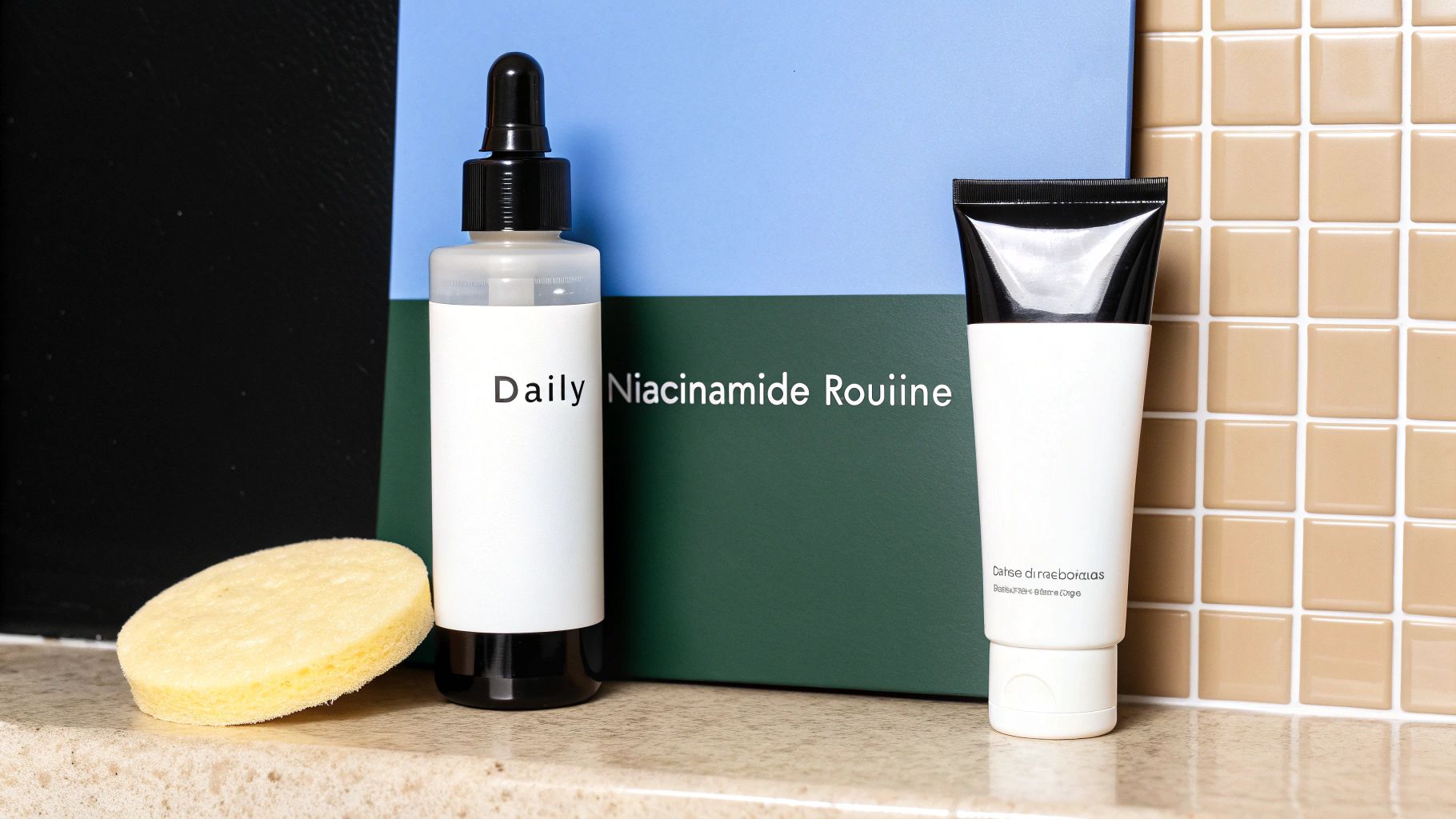 A daily niacinamide skincare routine set with a dropper bottle, tube, and sponge on a countertop.