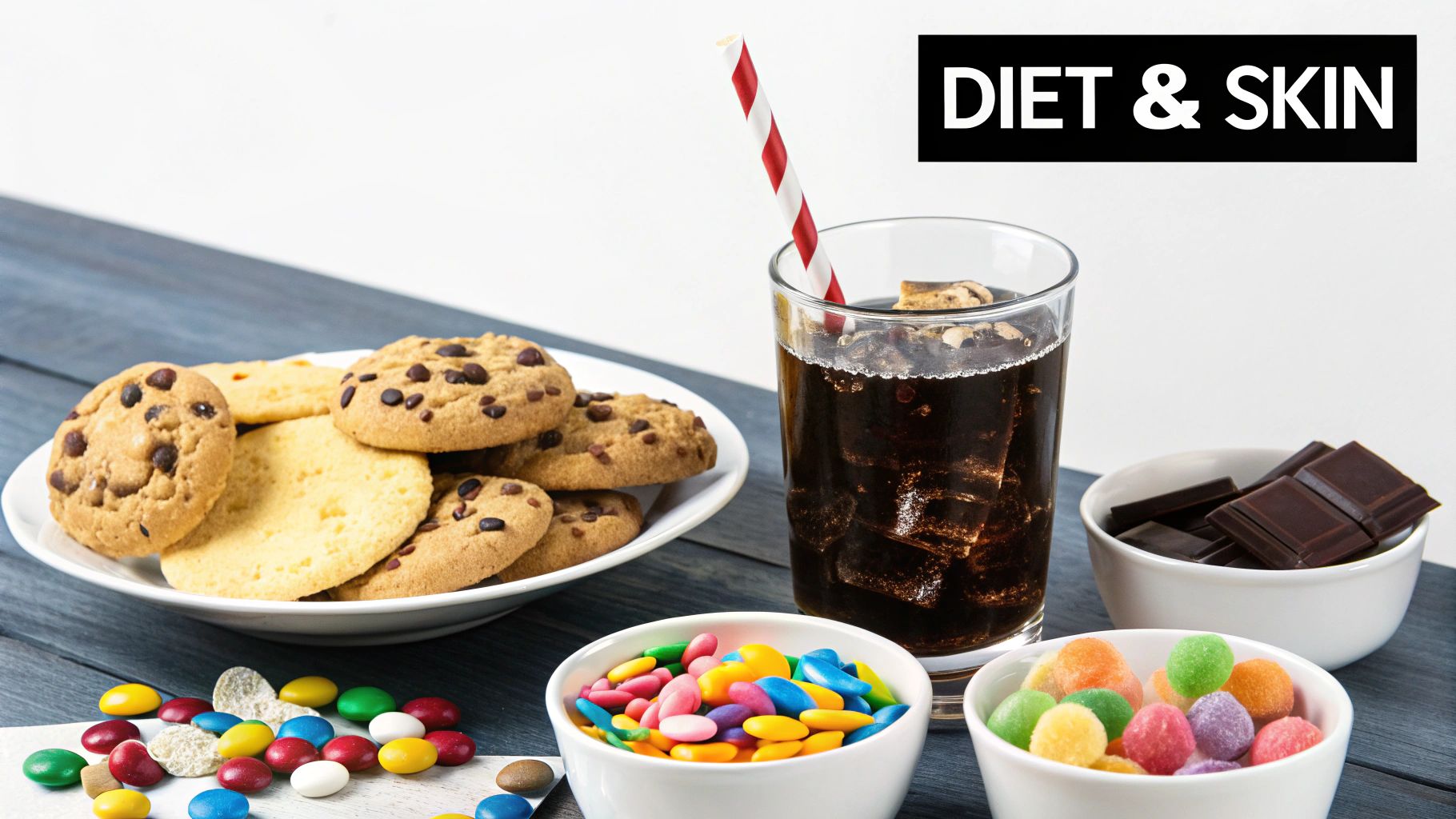 A collection of healthy foods like fruits and vegetables contrasted with sugary snacks.