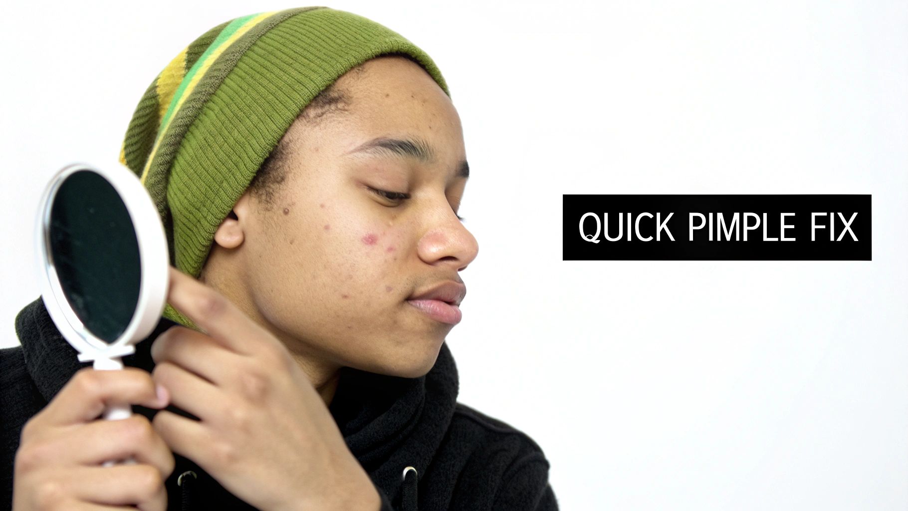 A person looking closely at their skin in a mirror, checking for acne.