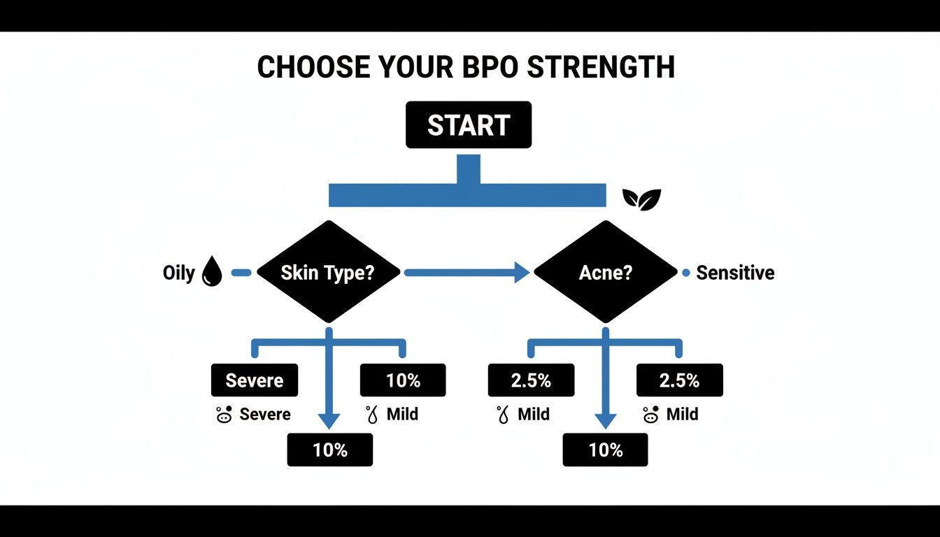 Flowchart guiding the selection of Benzoyl Peroxide (BPO) strength based on skin type and acne sensitivity.