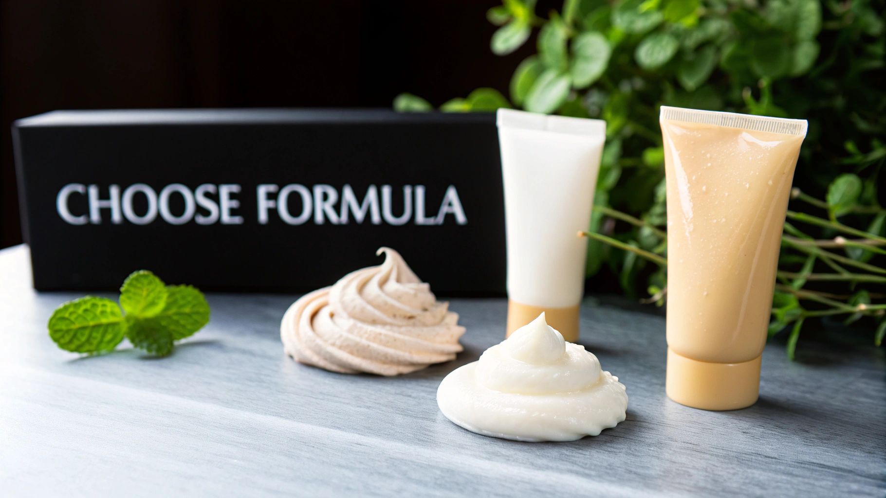 Different cream textures, two cosmetic tubes, and mint leaves, with a 'CHOOSE FORMULA' box.