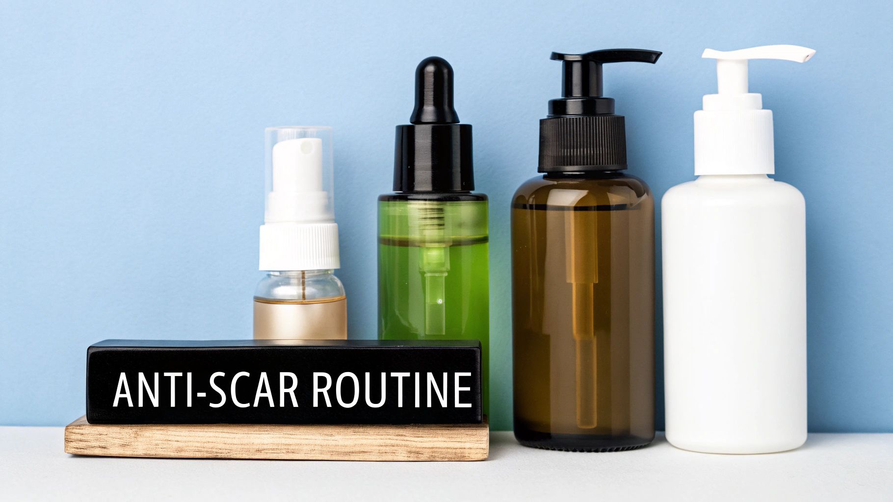 A person's bathroom counter with skincare products, including a cleanser, serum, moisturizer, and sunscreen, neatly arranged.