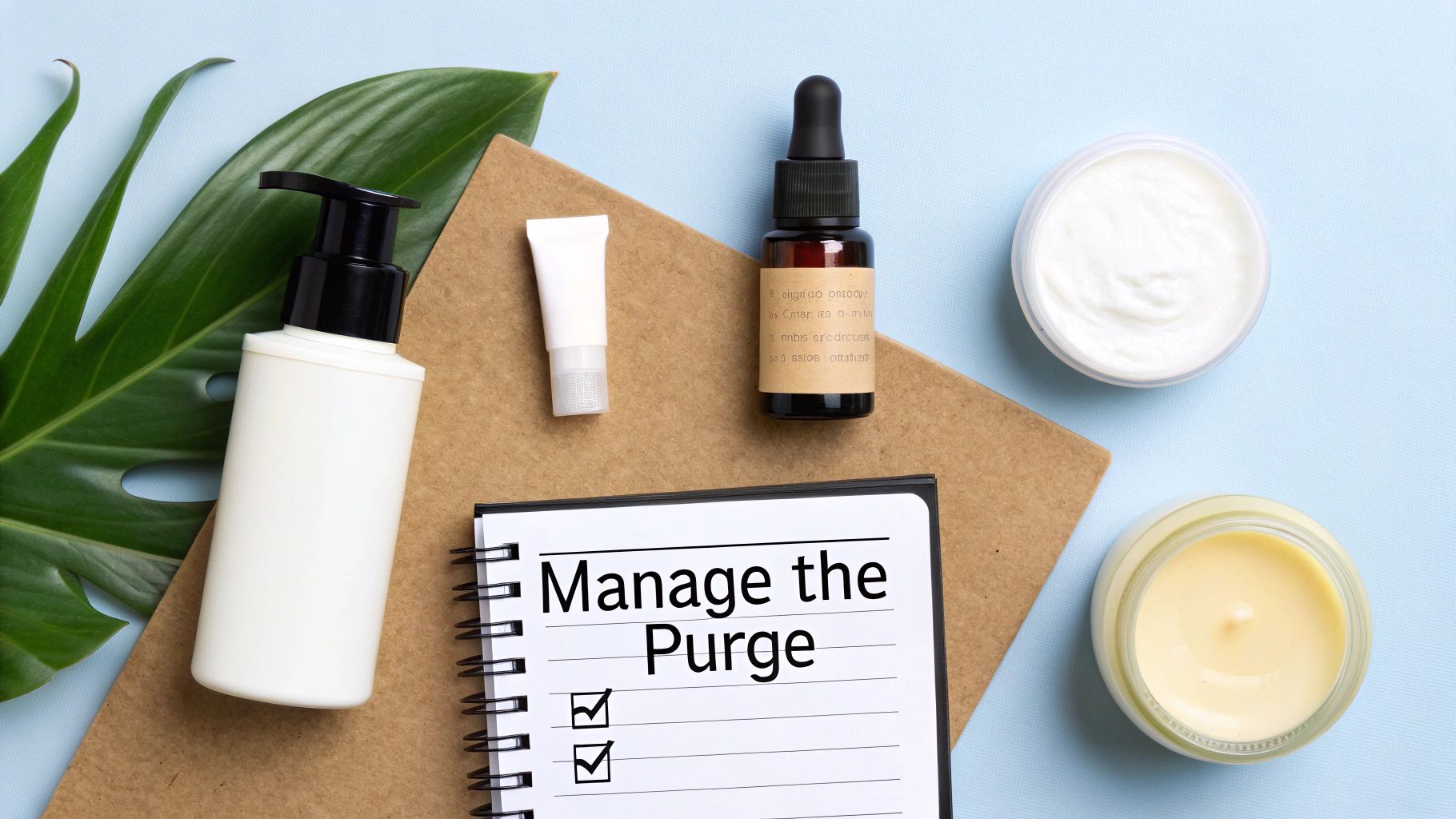 Skincare products with notebook saying manage the purge on blue background with green leaves