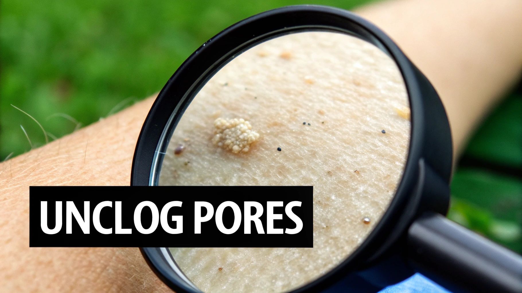 Magnifying glass showing clogged pores and sebum buildup on skin surface requiring treatment