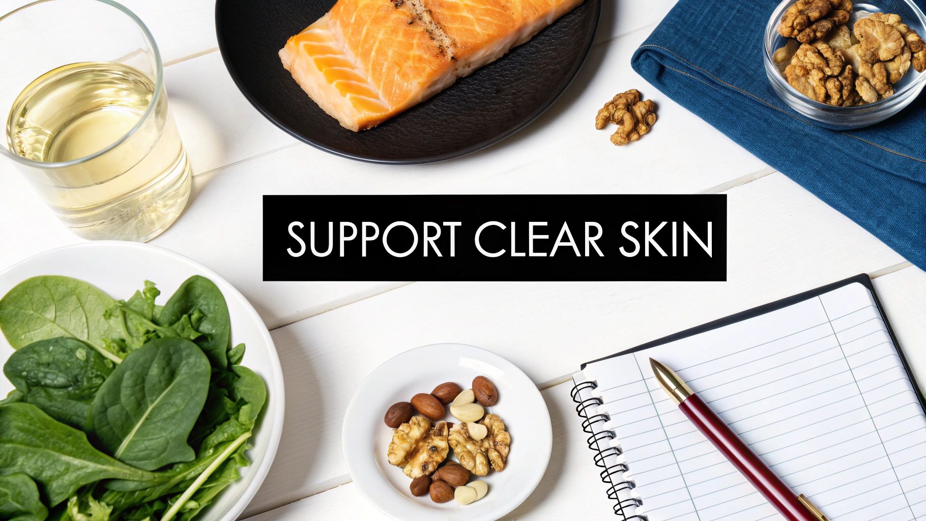 Flat lay of healthy foods like salmon, spinach, nuts, and water for clear skin support.