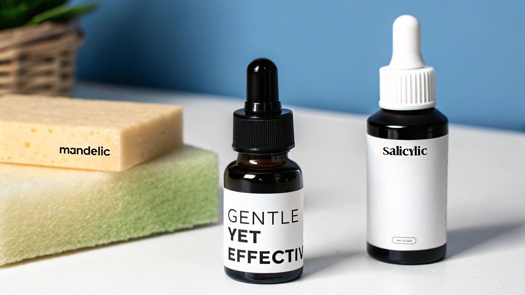 Skincare products including Mandelic acid sponges and Salicylic acid and Gentle Yet Effective serums on a white surface.
