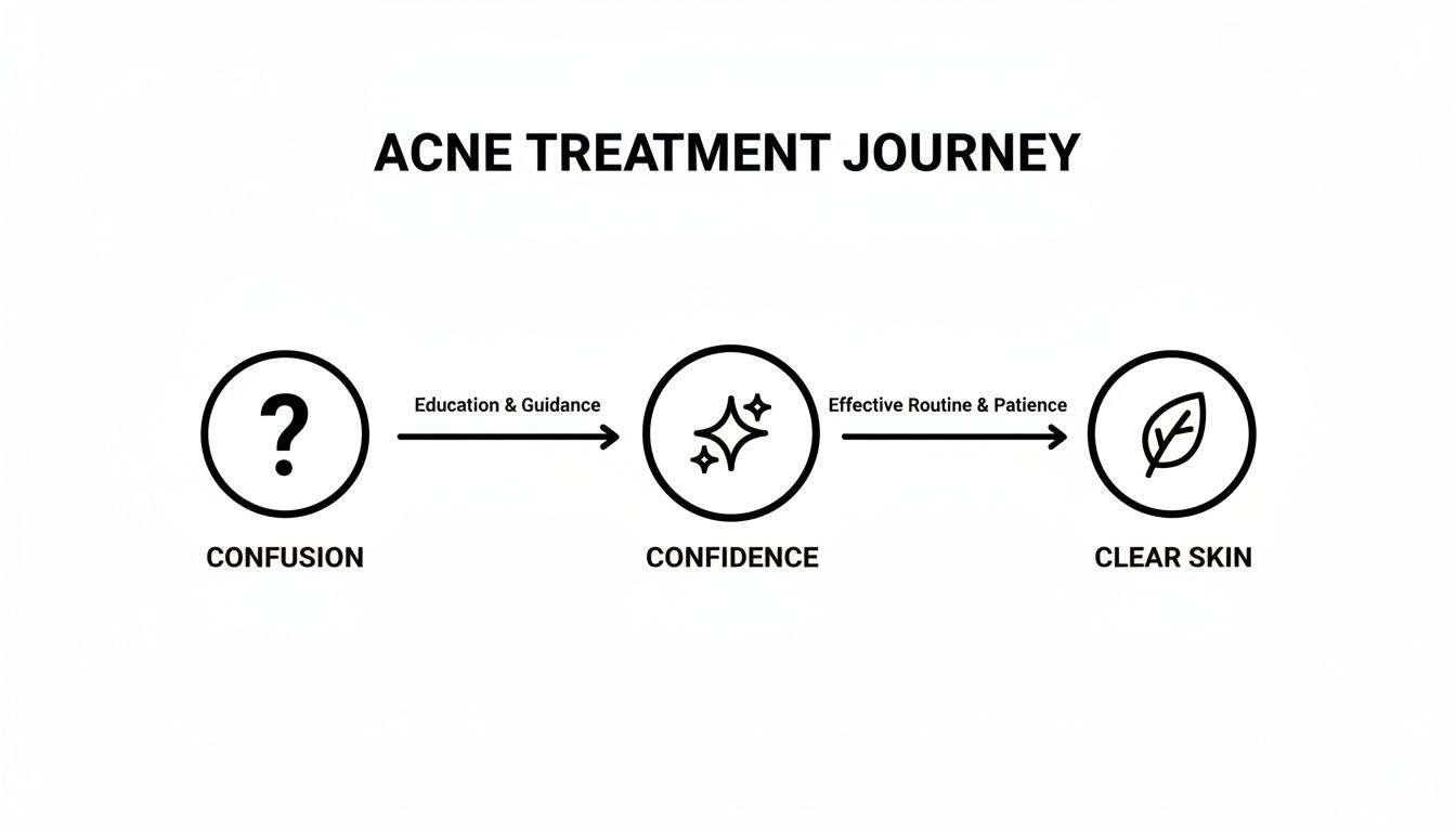 A clear flowchart outlines the acne treatment journey from confusion to clear skin through education and routine.
