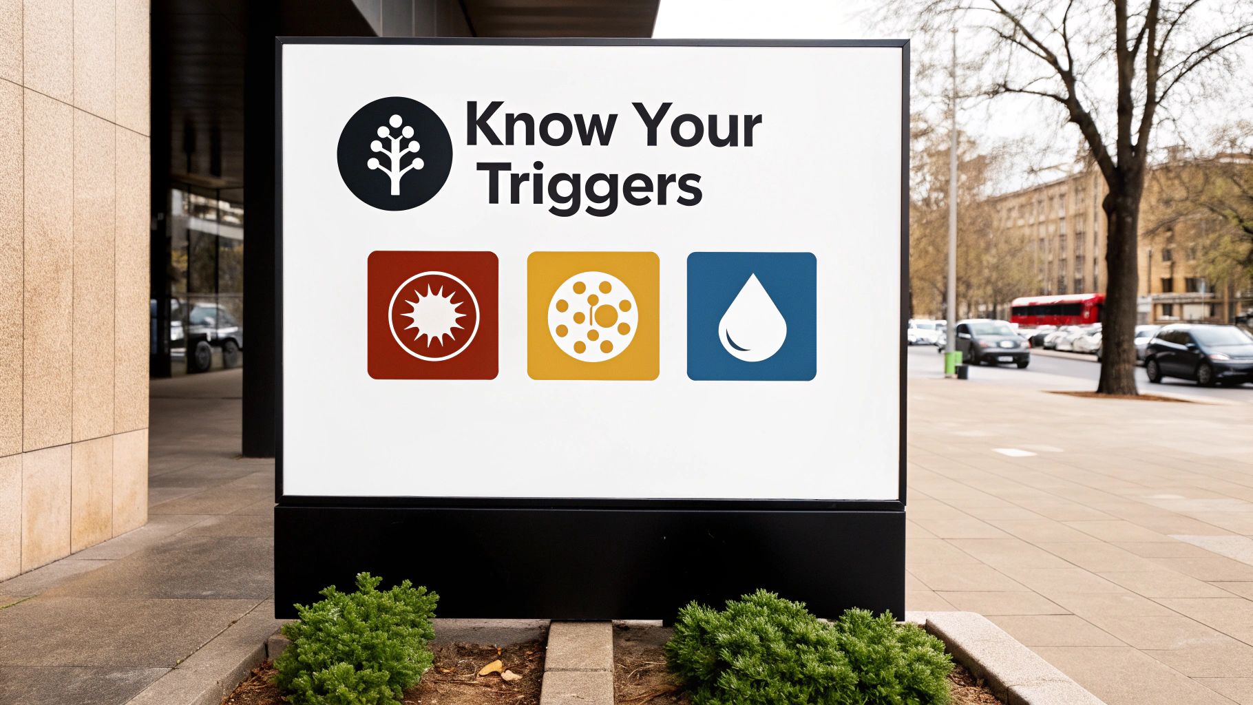 A white sign displays "Know Your Triggers" with sun, pollen, and water icons on a city sidewalk.