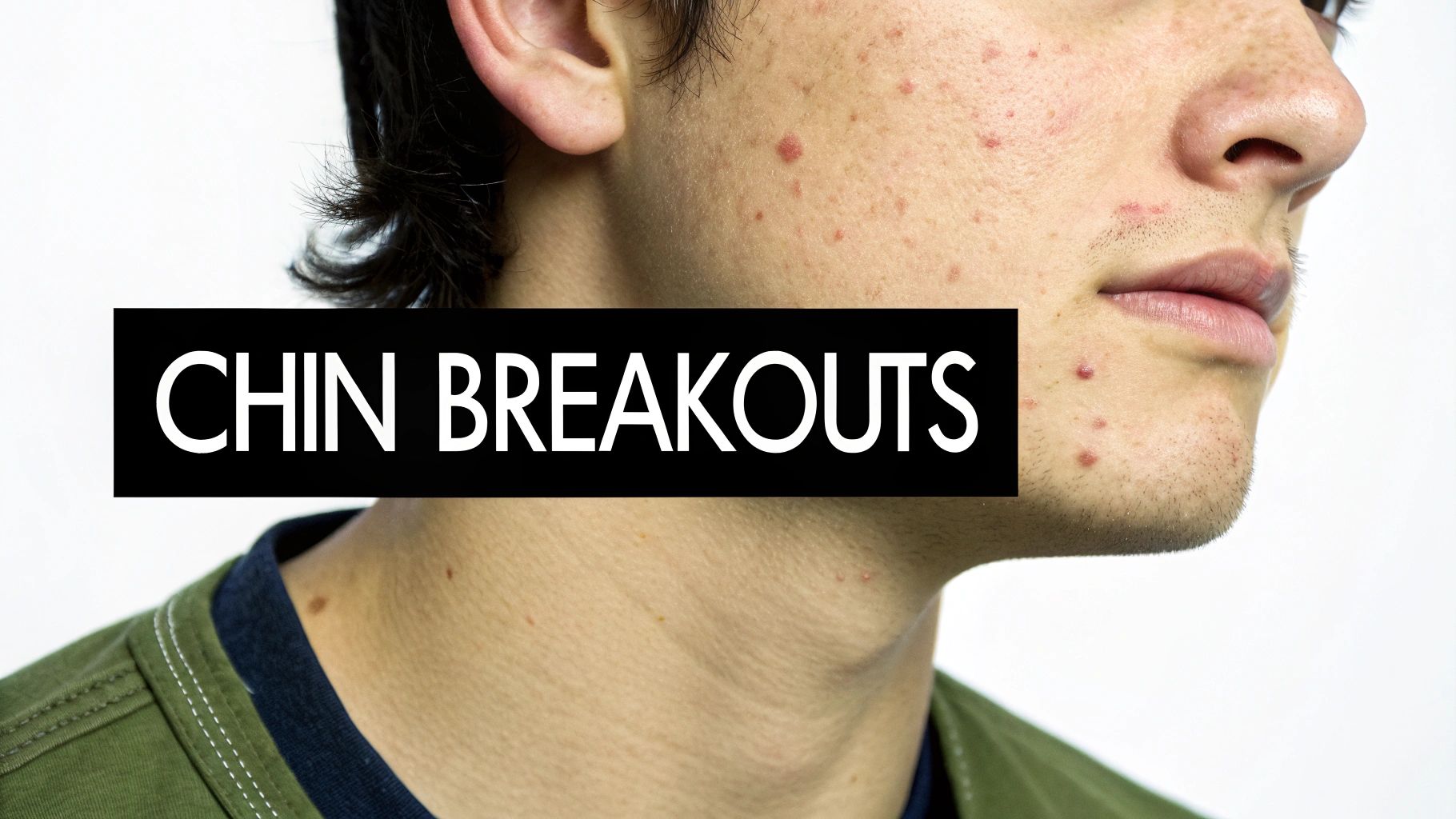 A woman thoughtfully touching her chin, concerned about acne.