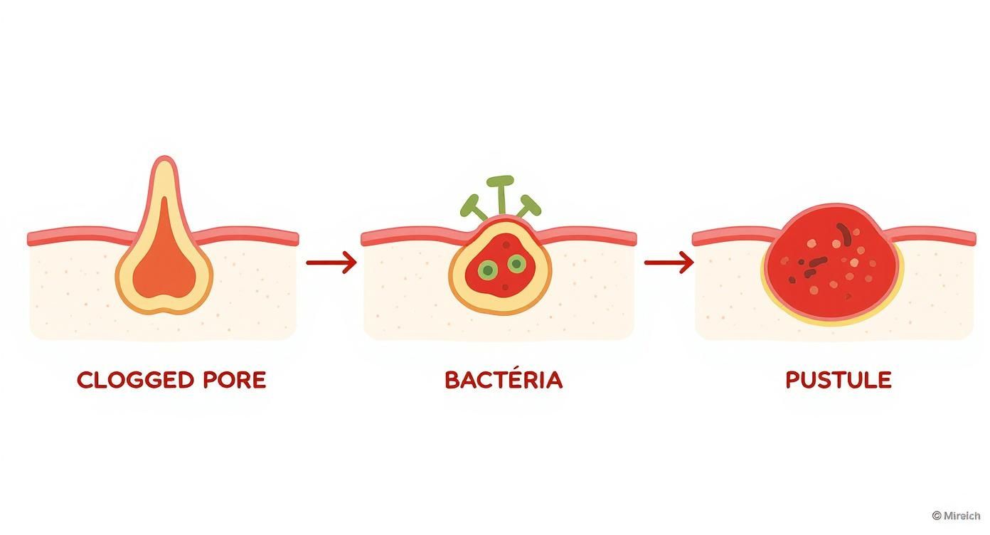 Infographic showing the three-step process of pustule formation from a clogged pore to bacterial growth and finally to an inflamed pustule.
