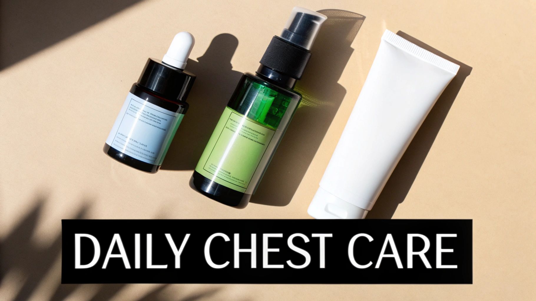 Three skincare products for daily chest care, including a dropper bottle, spray, and tube, on a beige surface.