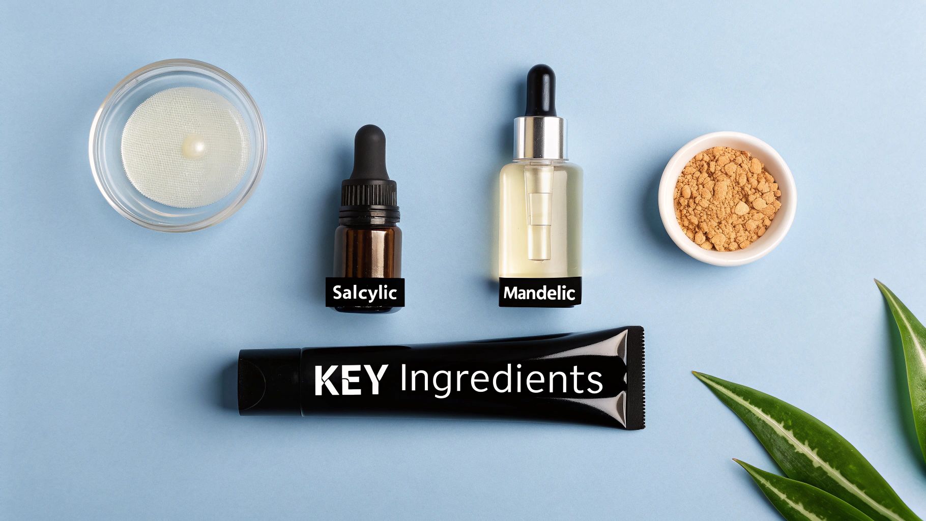 Overhead shot of salicylic and mandelic acids, powder, and a tube with 'KEY Ingredients' for skincare.