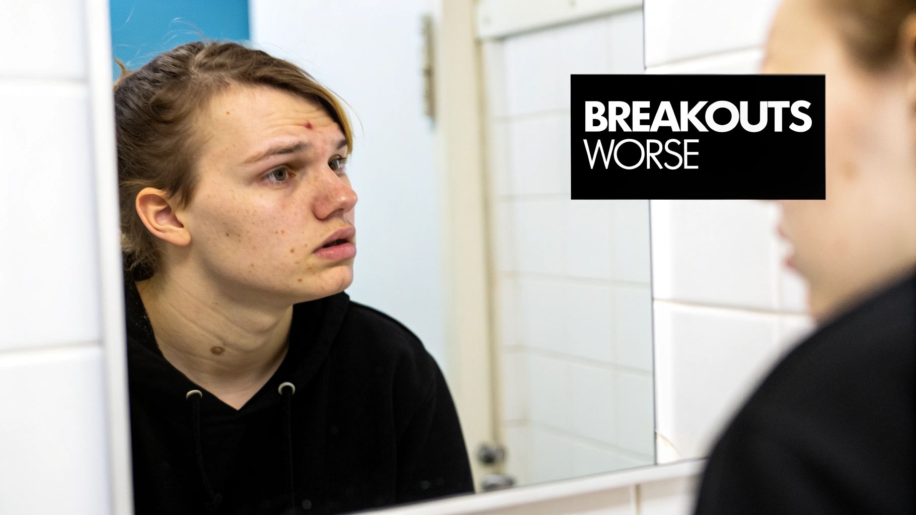 A person looking frustrated while examining their acne in the mirror.