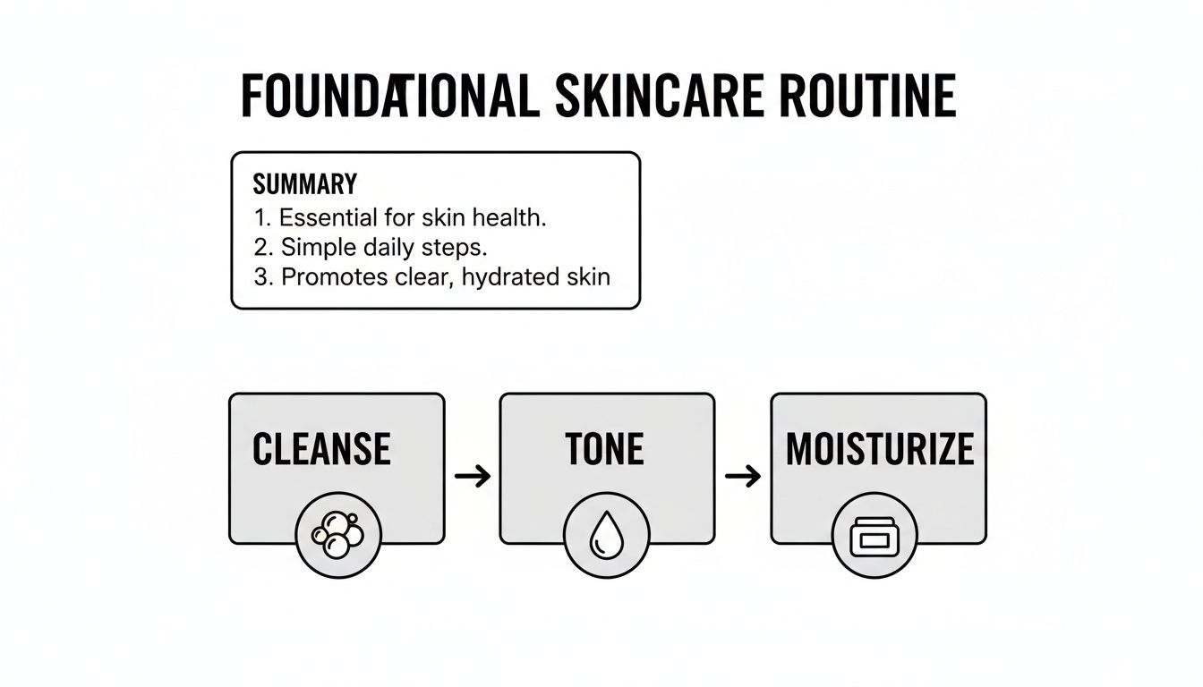 Diagram illustrating a foundational skincare routine with cleanse, tone, and moisturize steps, promoting clear, hydrated skin.