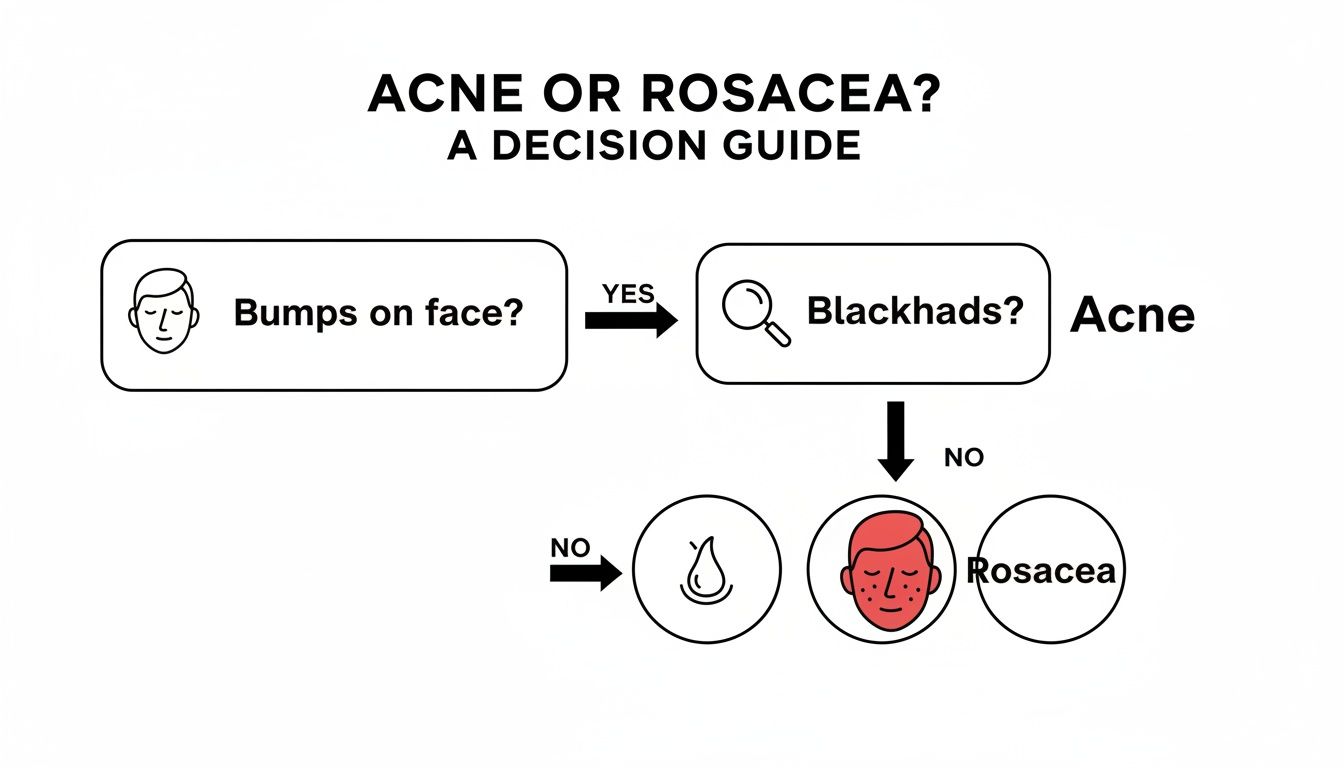 A decision guide flowchart comparing acne and rosacea based on the presence of bumps and blackheads.