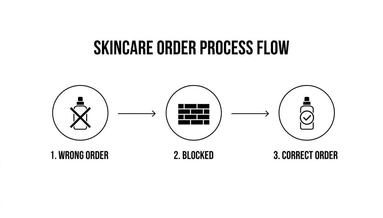 A skincare order process flow diagram showing wrong order, blocked, and correct order steps.