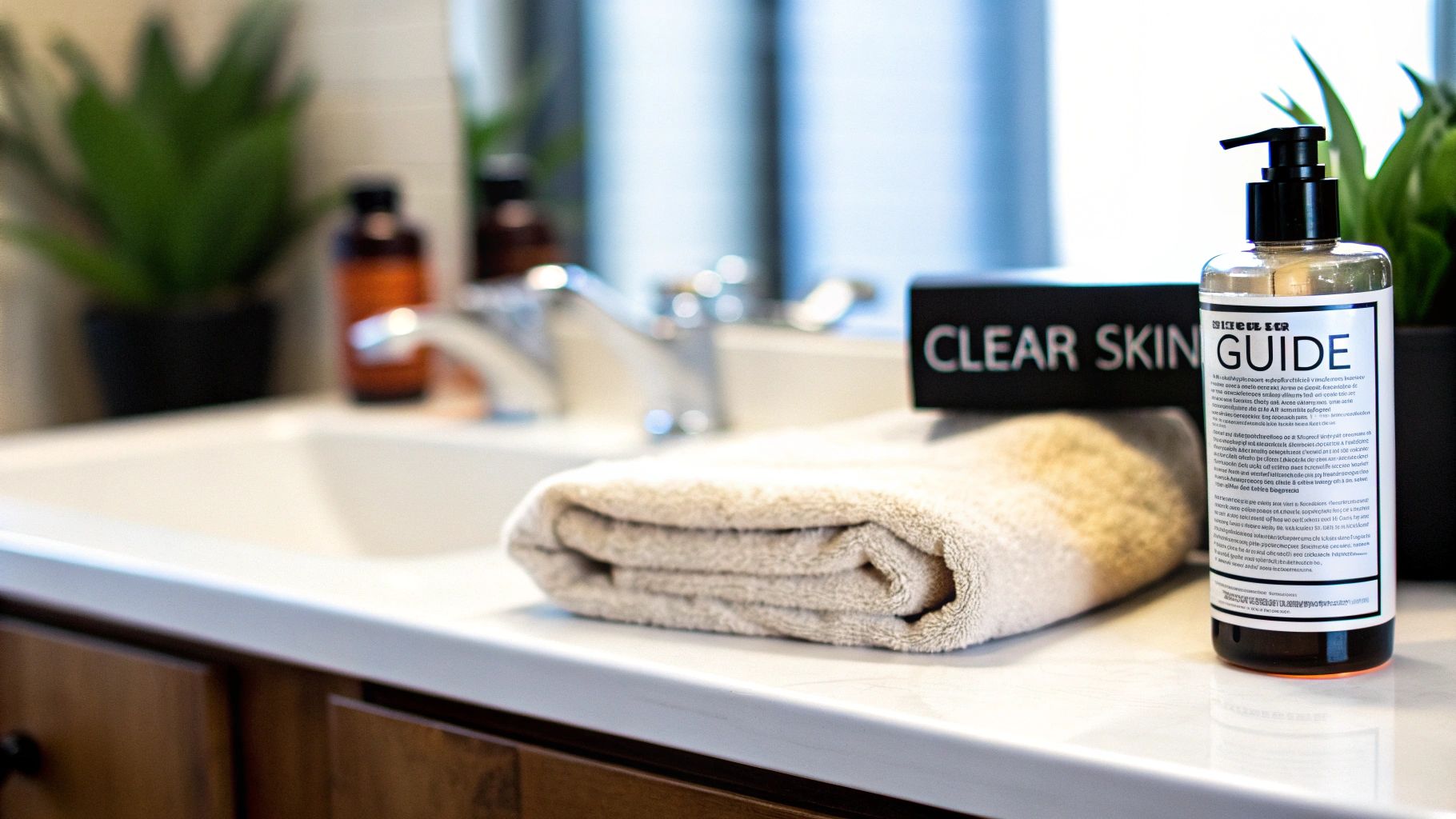 A clear skin guide pump bottle, a folded towel, and sink on a modern bathroom counter.