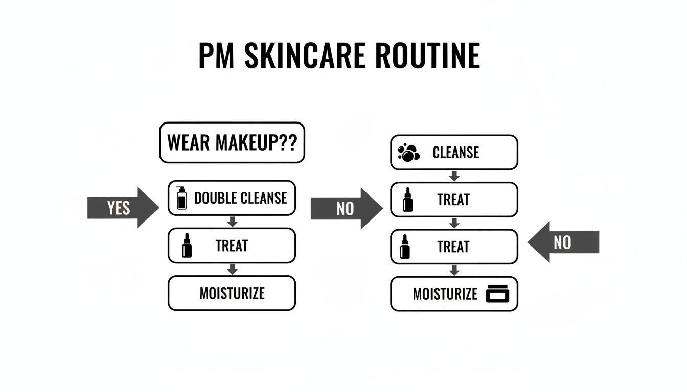 Flowchart illustrating a PM skincare routine, guiding users through steps based on makeup wear.