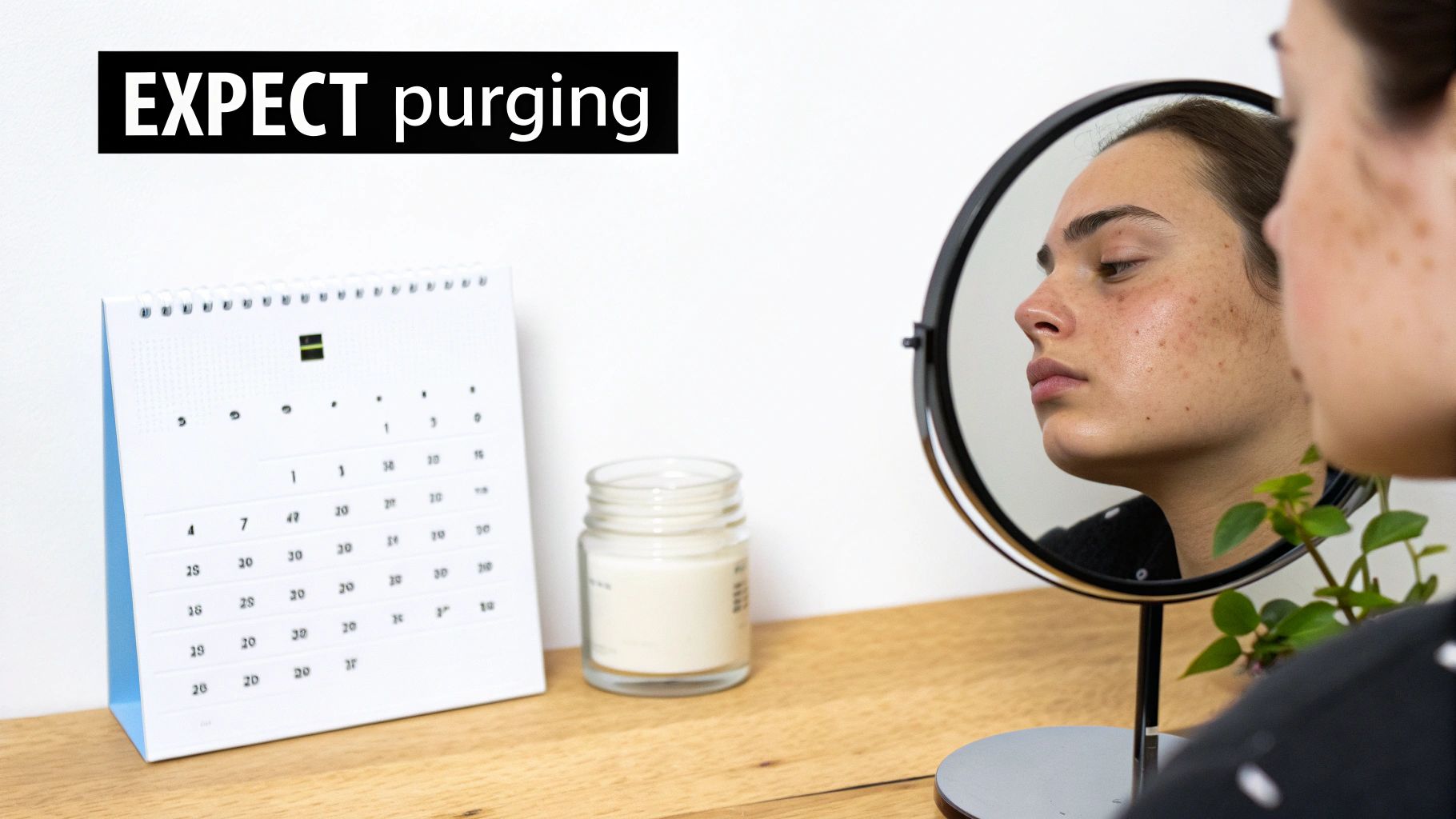 A woman examines her blemish-prone skin in a mirror, with a calendar and cream nearby.