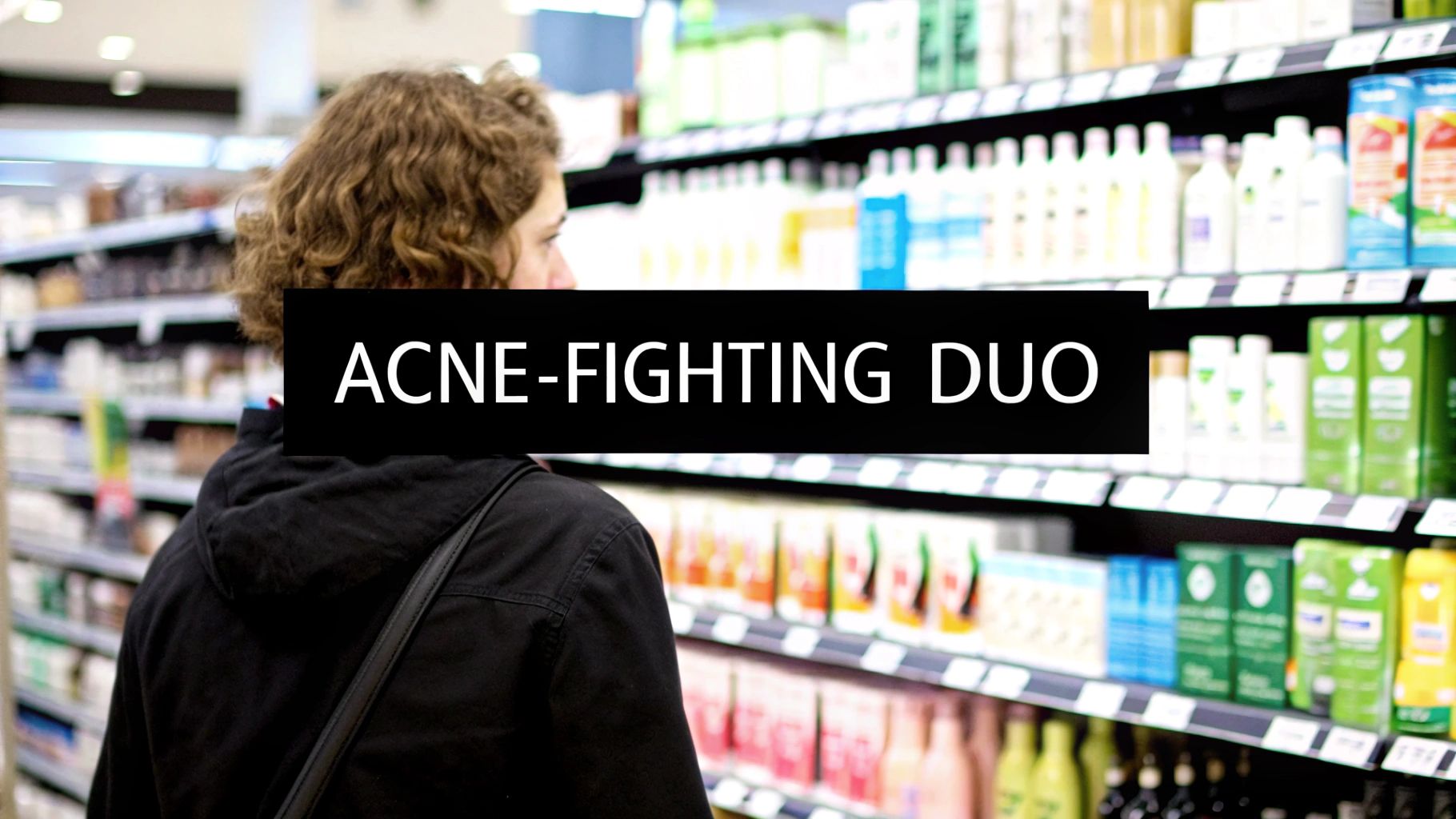 A person views shelves of skincare products in a store with "ACNE-FIGHTING DUO" text.