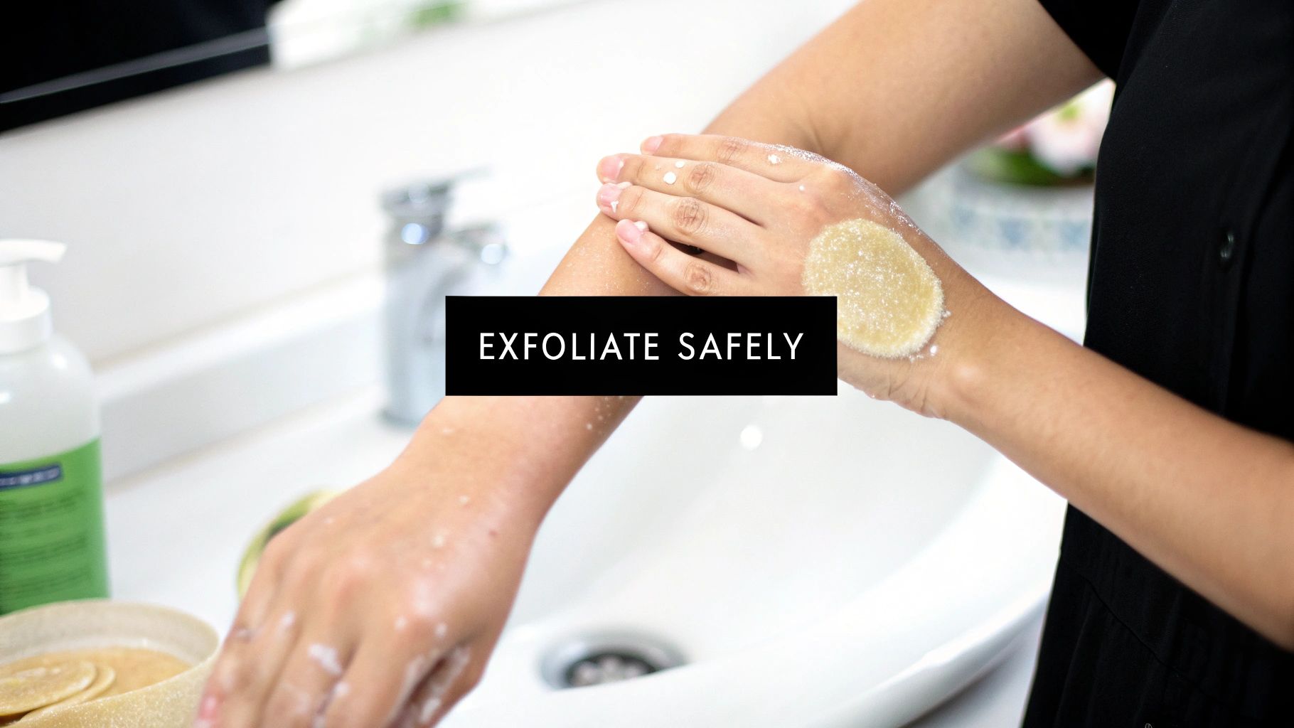 Close-up of a person gently exfoliating their arm with a scrub over a white bathroom sink.