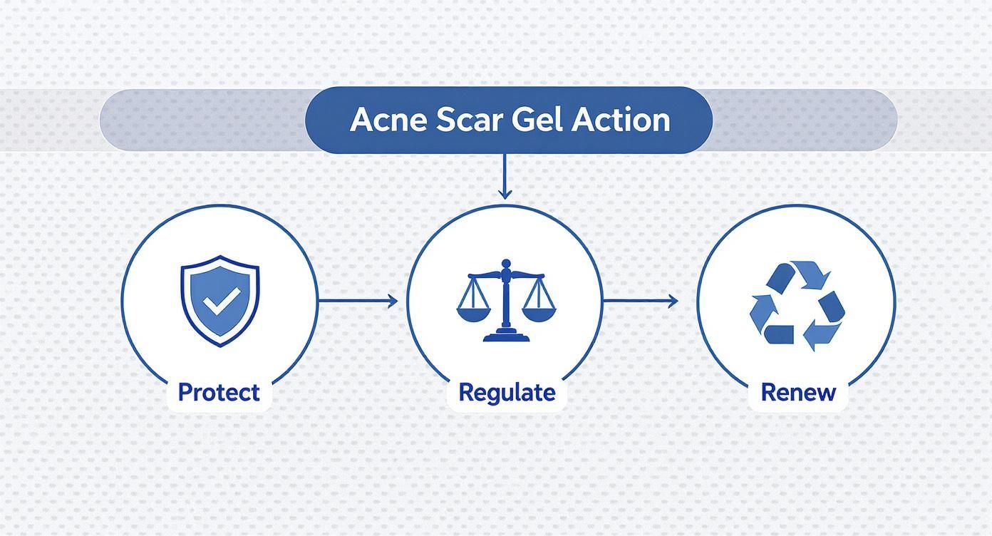 Flowchart illustrating the three-step action of an acne scar gel: Protect, Regulate, Renew, with icons.