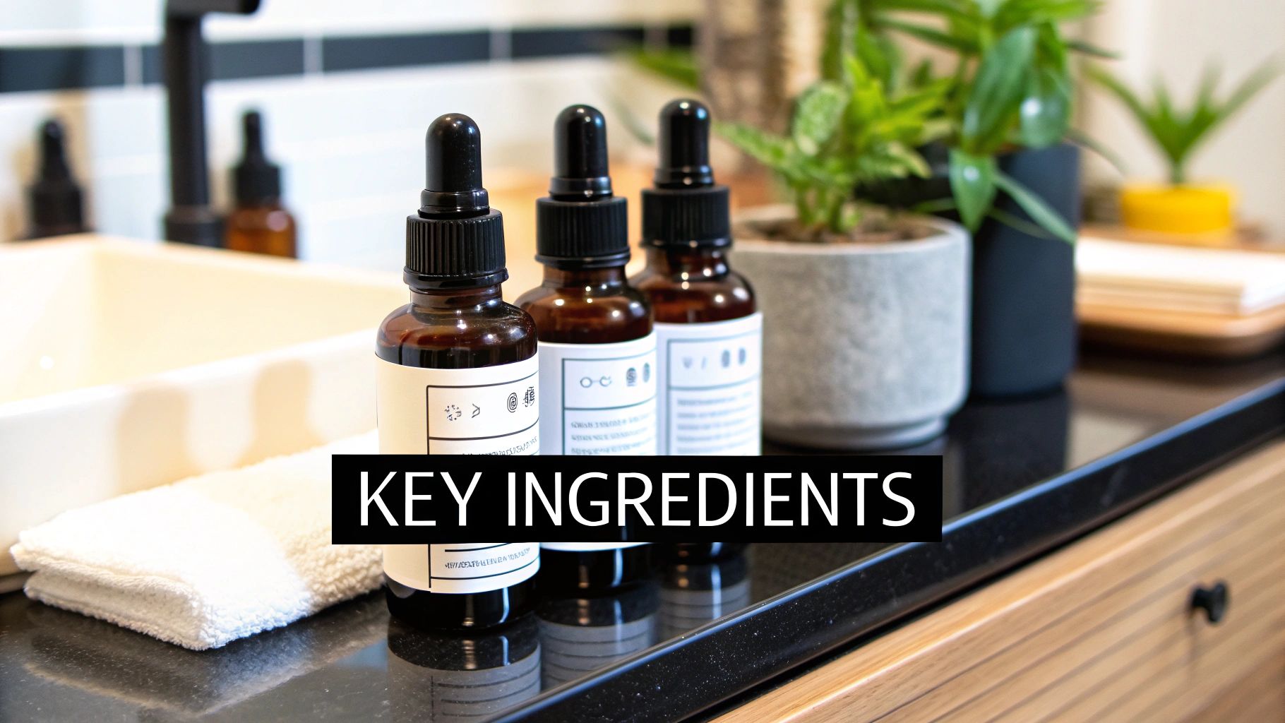 A collection of skincare bottles with key ingredients like Salicylic Acid and Niacinamide highlighted.