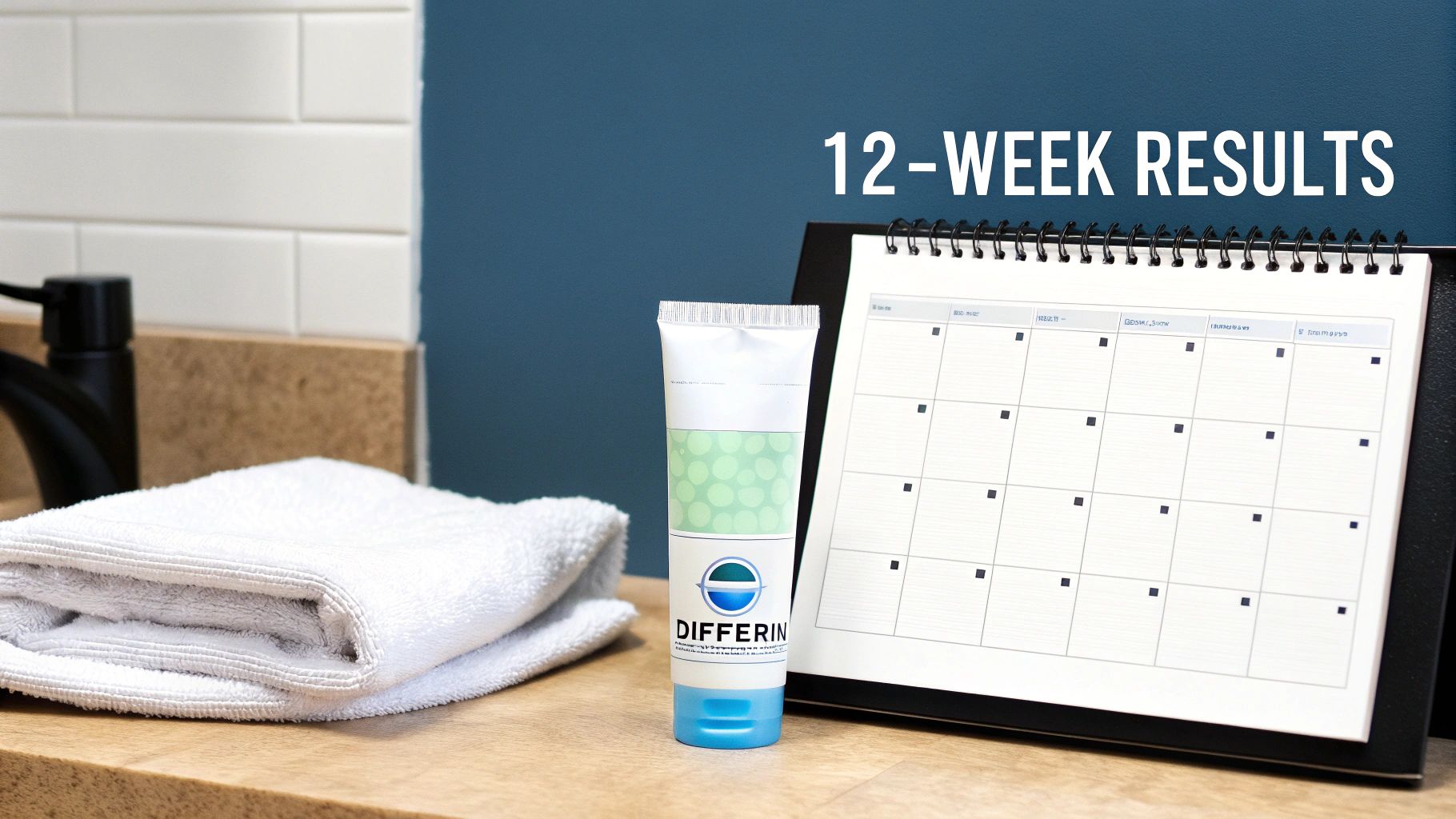 A Differin gel tube, folded towel, and calendar on a bathroom counter, with '12-WEEK RESULTS' text on the wall.