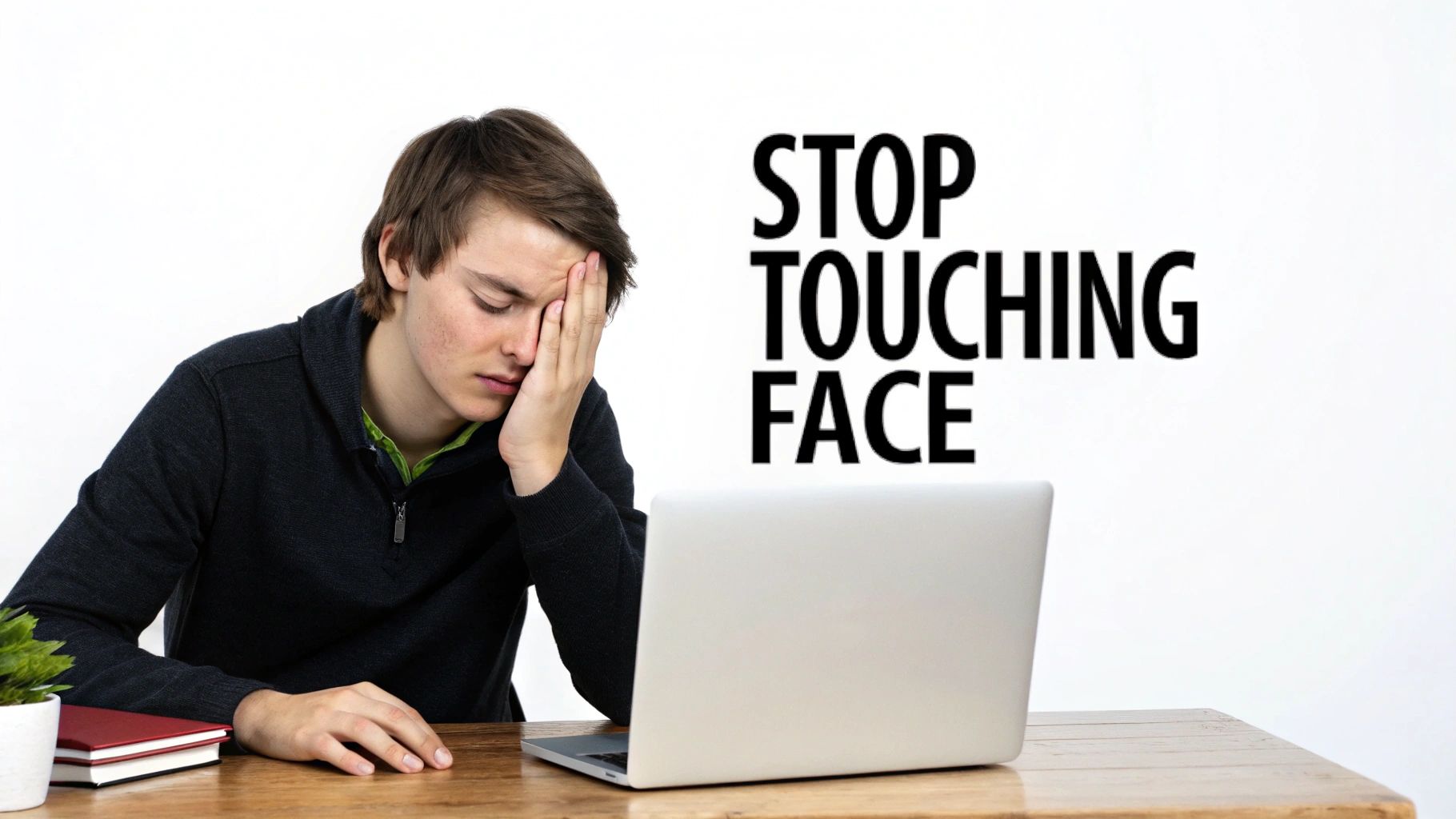 Young person touching face while working on laptop with stop touching face reminder text