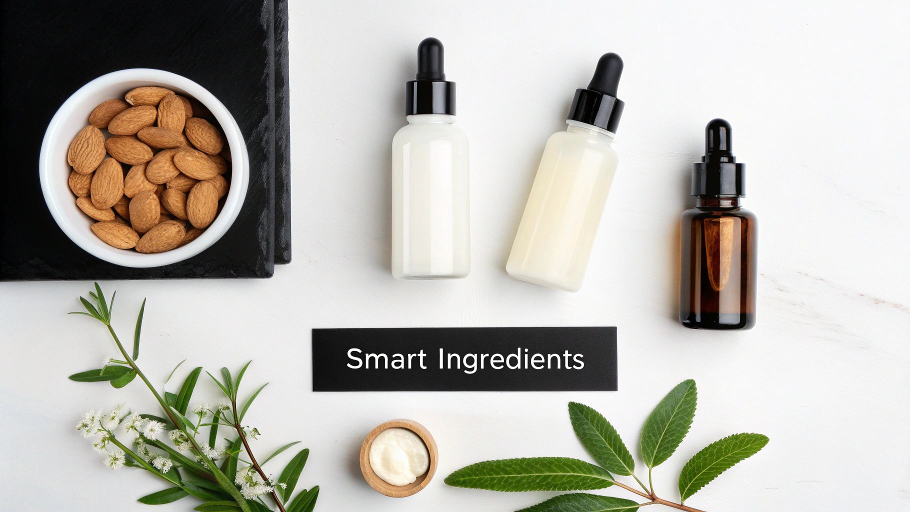 Flat lay of natural cosmetic products, almonds, and green leaves on marble, with 'Smart Ingredients' text.