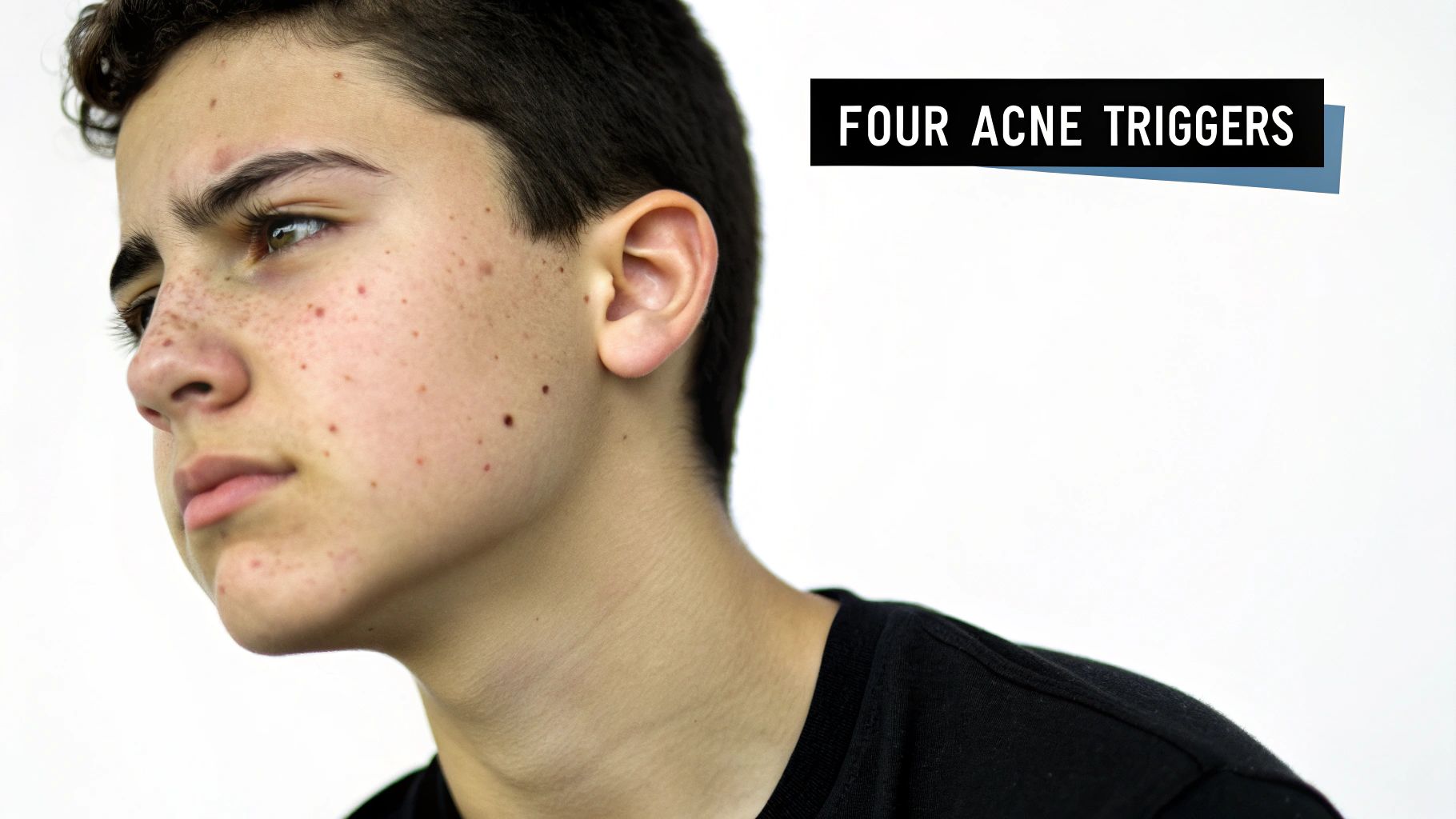 Close-up of a young person with acne and freckles, with "FOUR ACNE TRIGGERS" text.