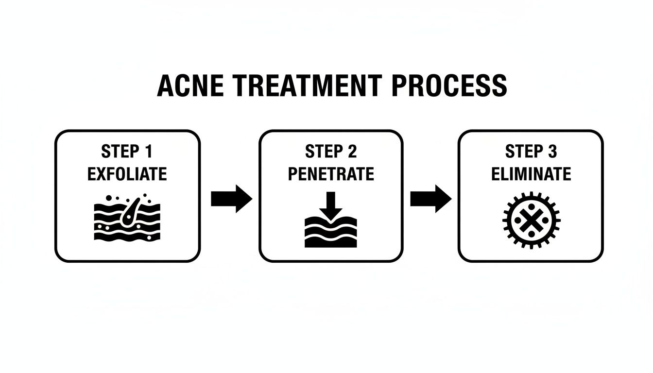 A visual flow chart illustrating the three-step acne treatment process: exfoliate, penetrate, and eliminate.