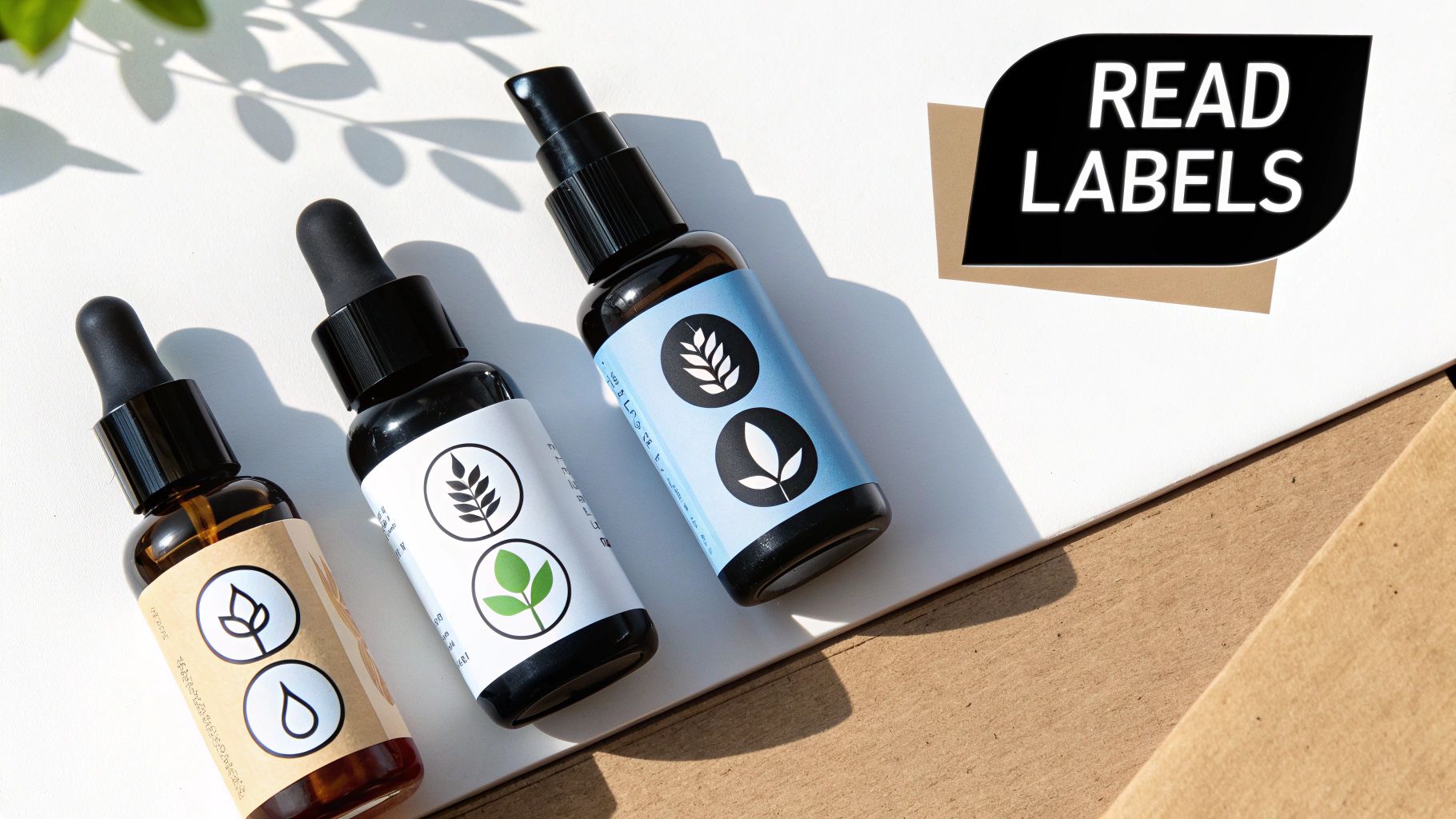 Three natural skincare bottles with plant-based labels and a 'READ LABELS' graphic, on a white and craft paper background.