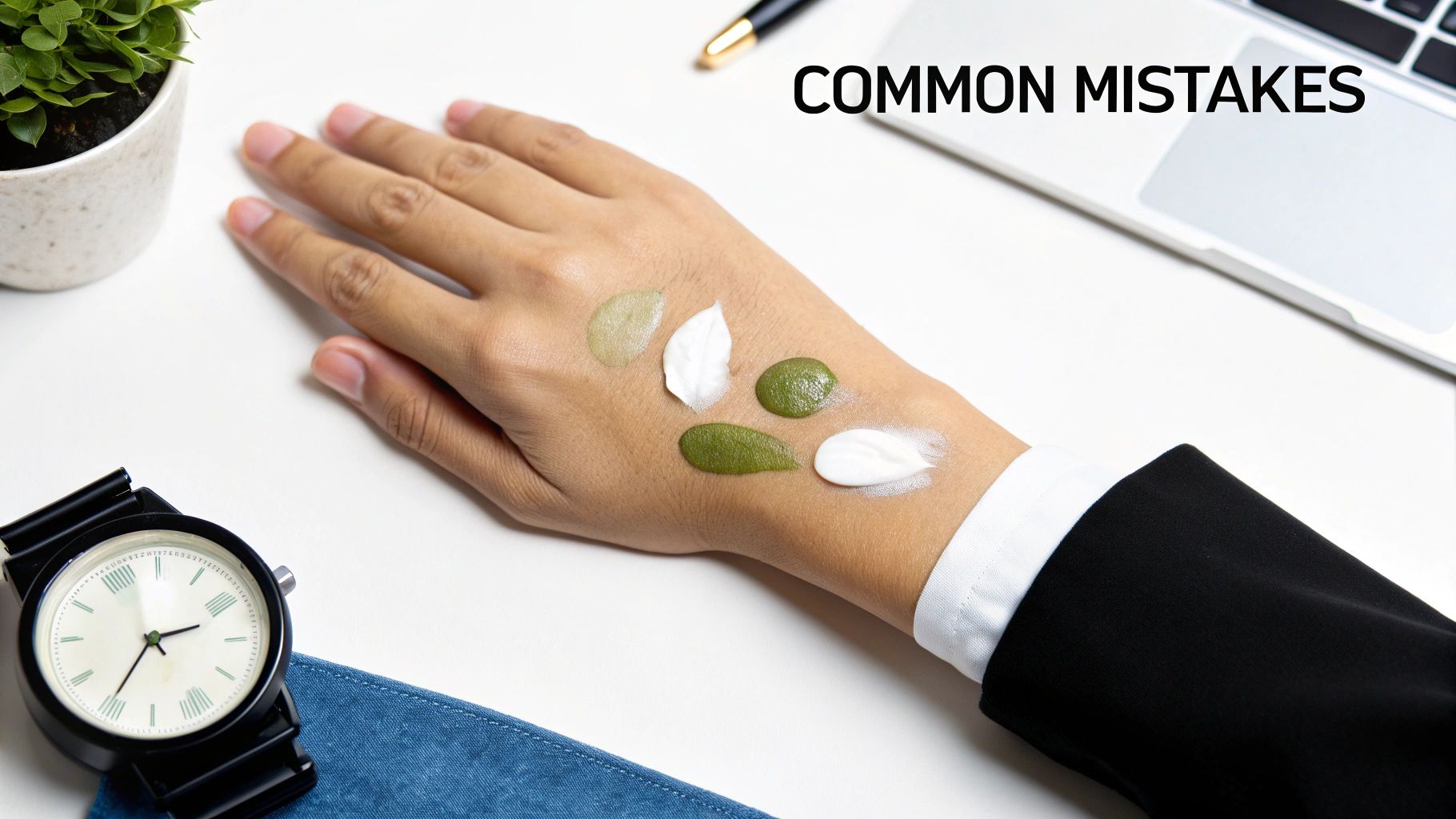 A person's hand with swatches of green and white skincare products on a white desk.