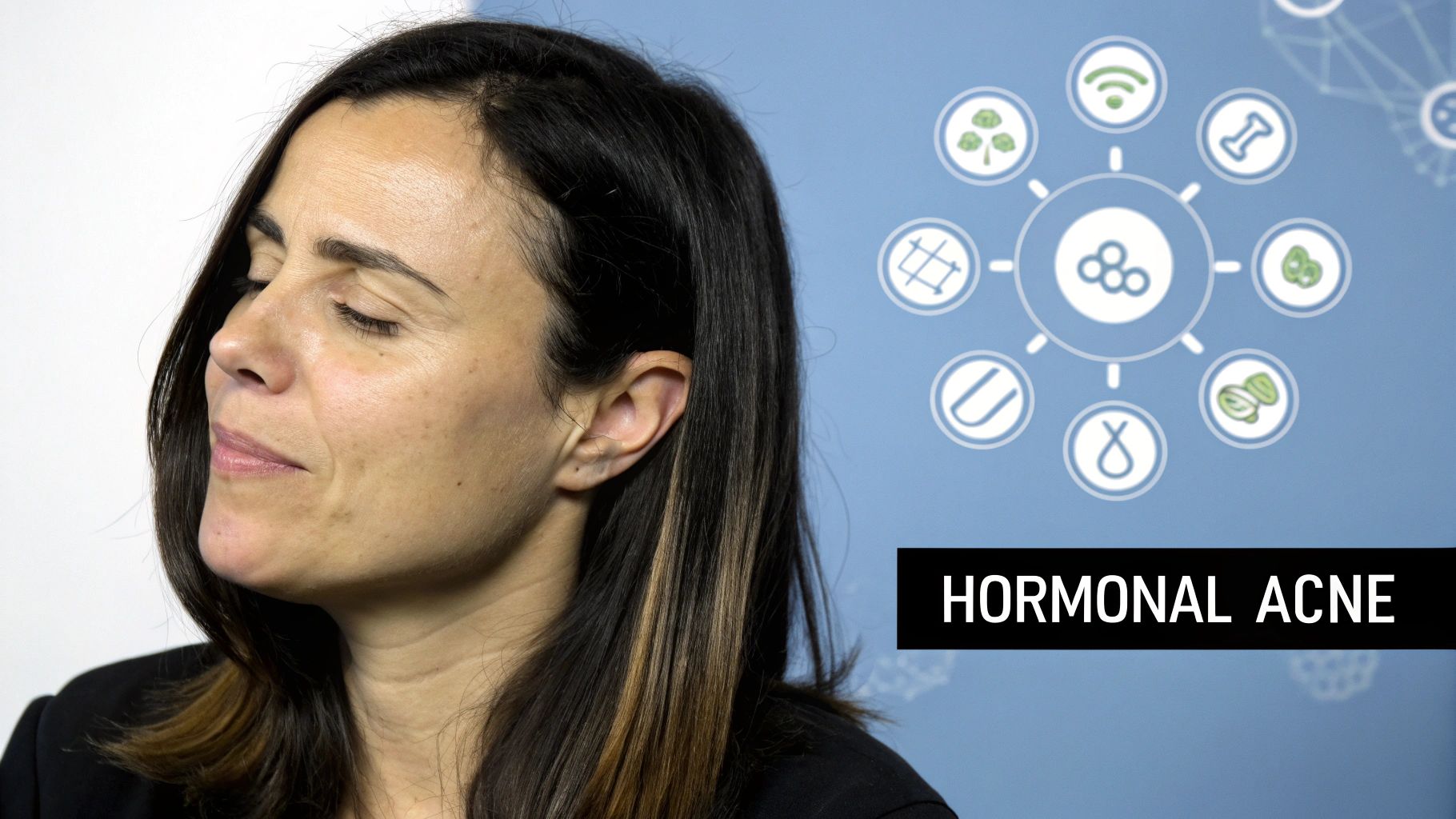 Woman looking in a mirror at her skin, concerned about hormonal acne on her jawline.