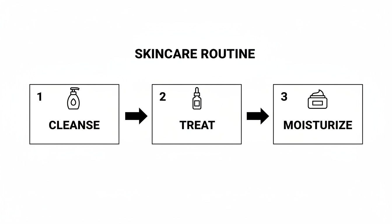 A simple, illustrated guide detailing the correct 3-step skincare routine: cleanse, treat, and moisturize.