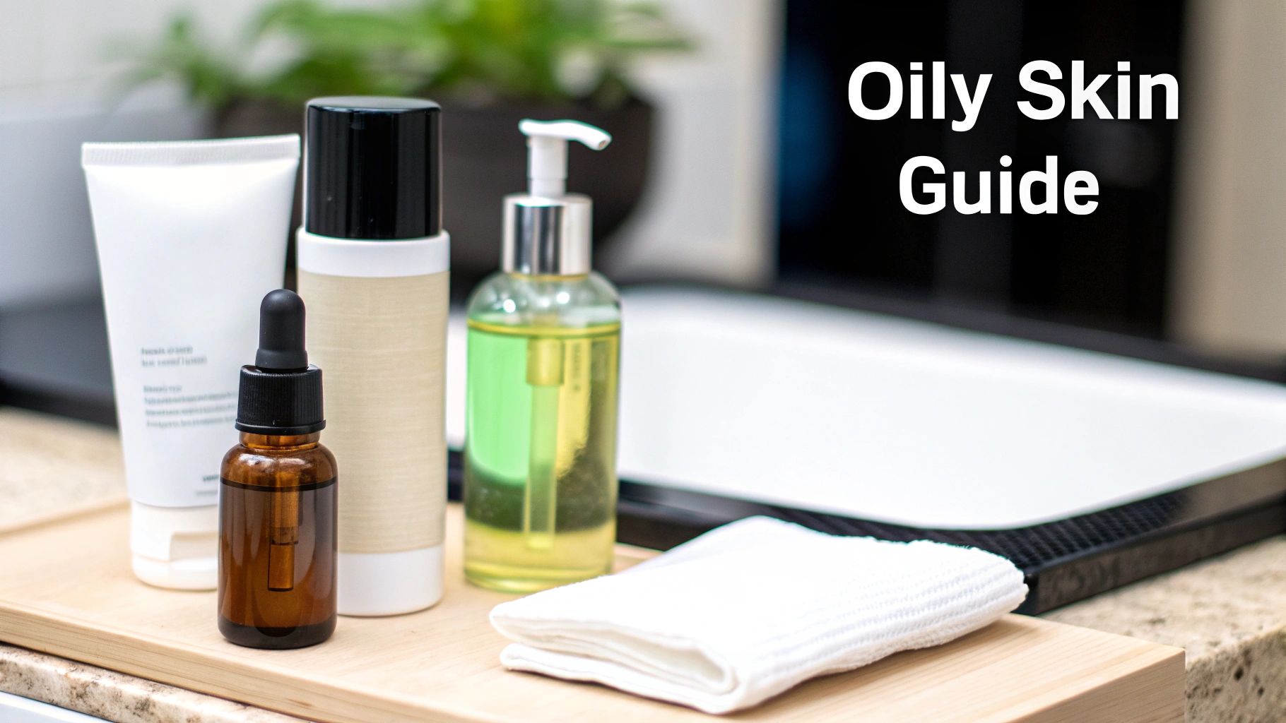 Various skincare products, including a dropper bottle and lotion, on a wooden tray with 'Oily Skin Guide' text.