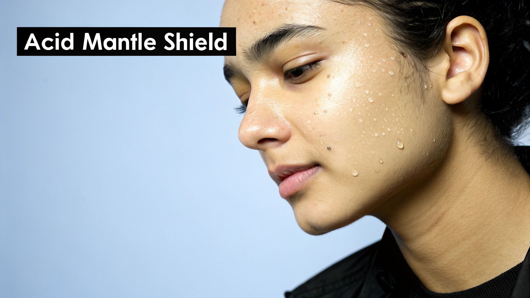 A person's face showing clear and balanced skin