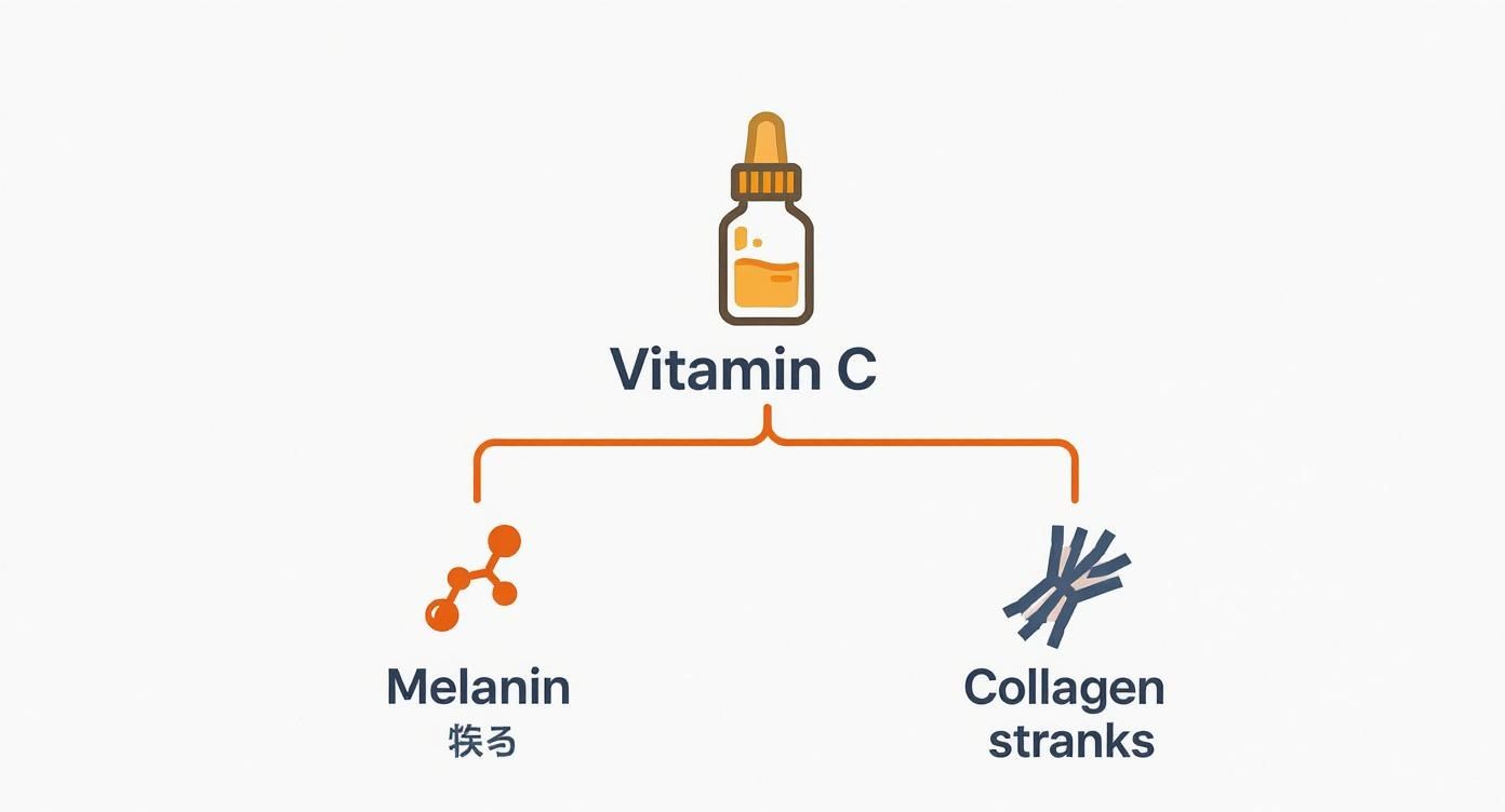A diagram illustrates Vitamin C's role in influencing melanin production and collagen for skin health.