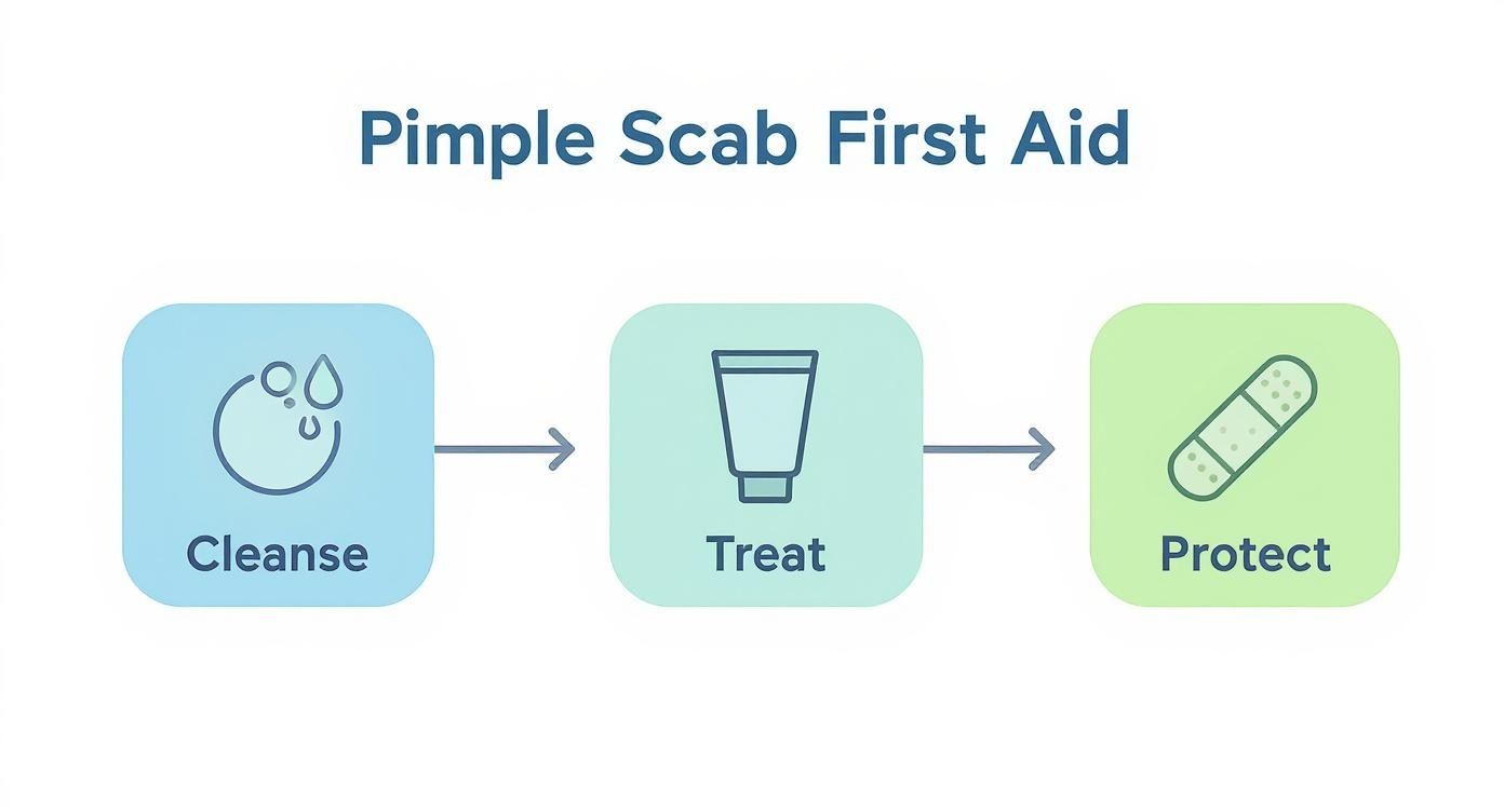 Infographic showing a three-step process for pimple scab first aid: cleanse, treat, and protect.