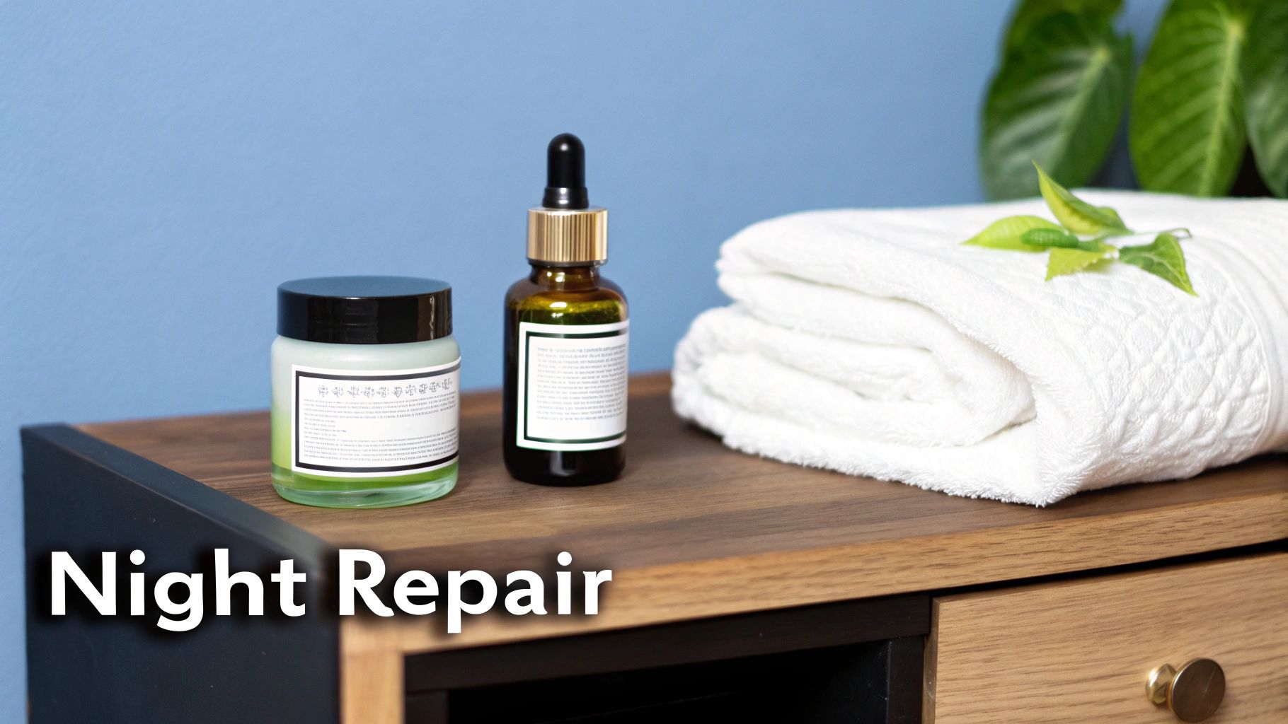 Two night repair skincare products and a white towel with green leaves on a wooden table.