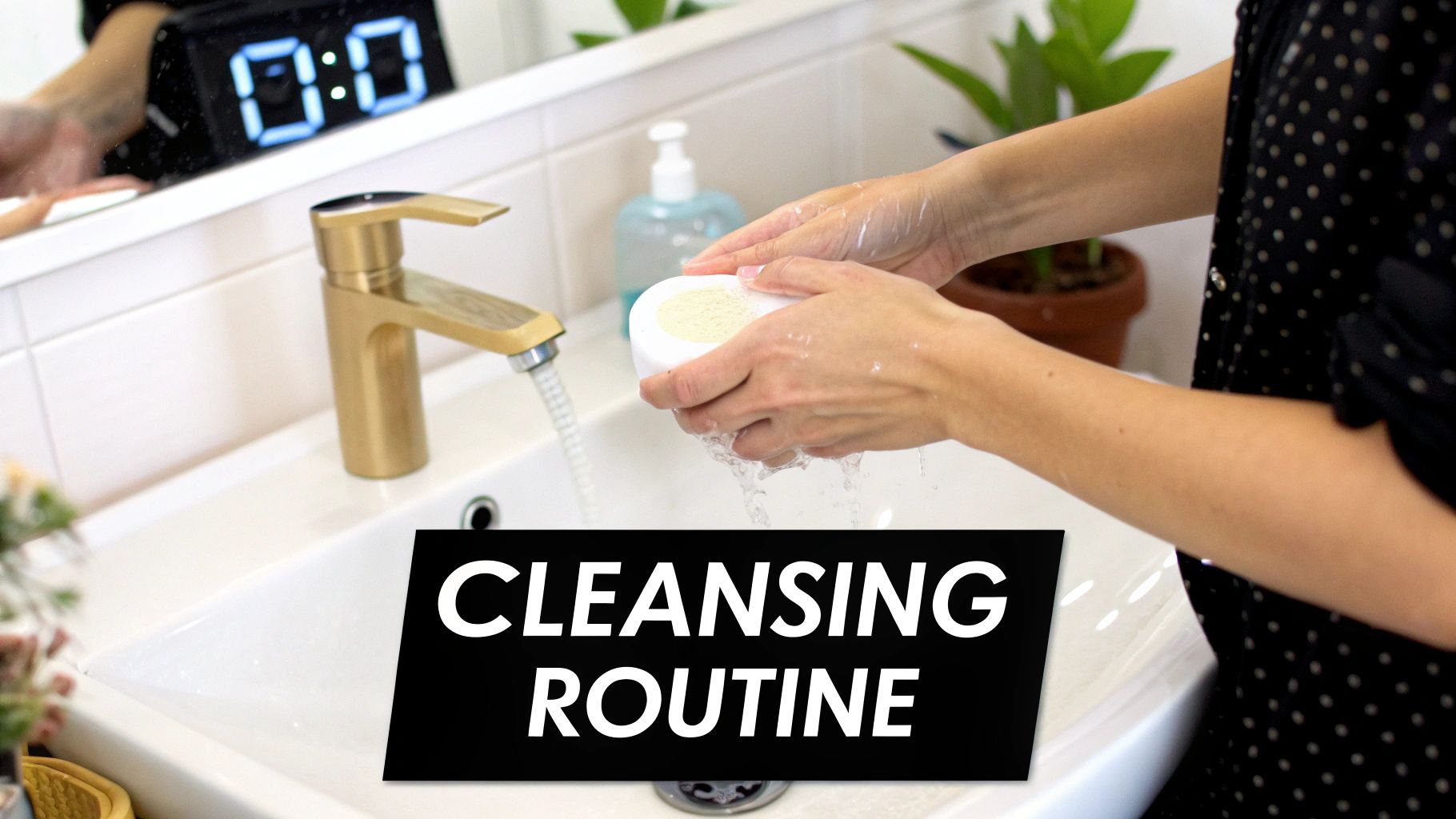 Person washing their face or hands with a white facial sponge under a golden faucet in a bathroom.