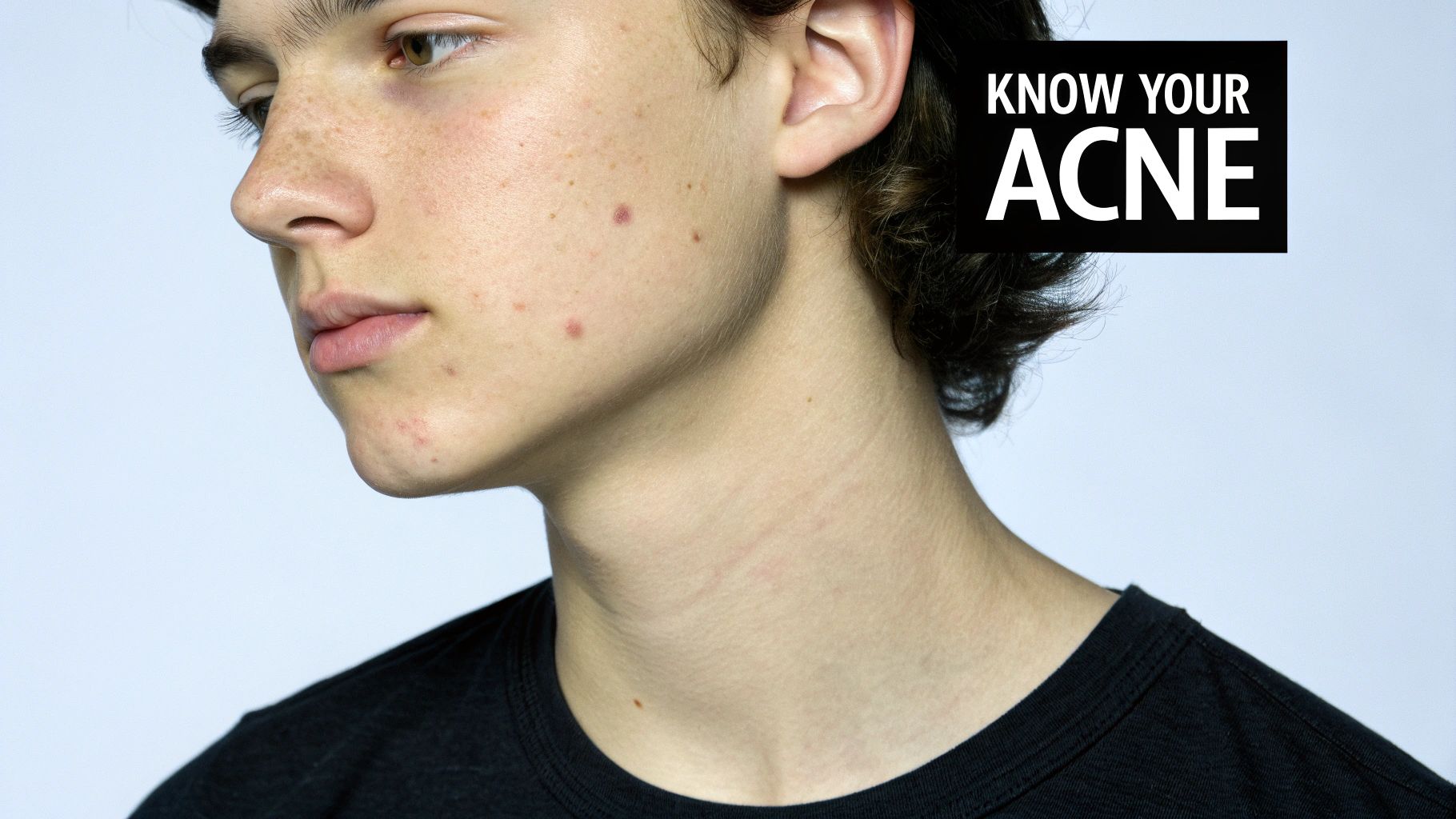 Close-up profile of a young person's face with acne, alongside "KNOW YOUR ACNE" text.