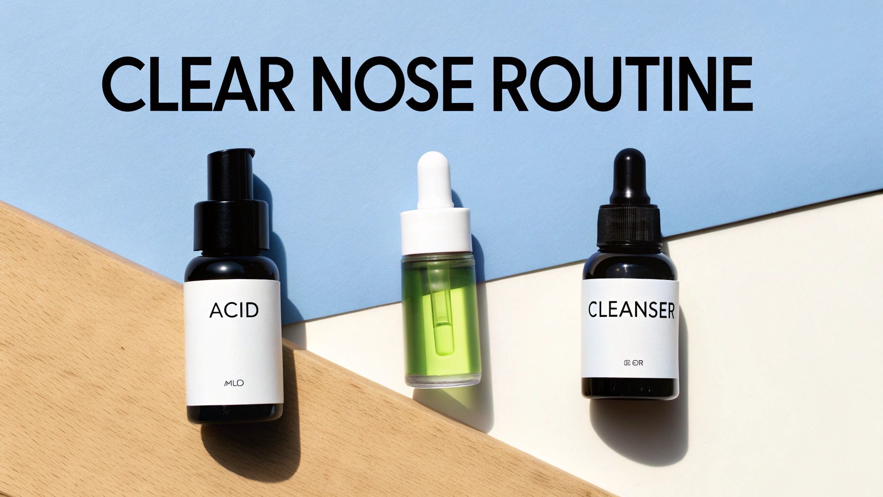 Three skincare bottles, one labeled Acid and another Cleanser, part of a Clear Nose Routine.