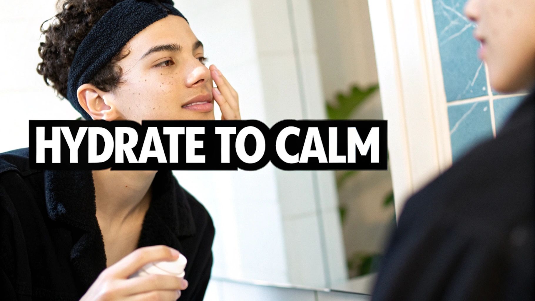 Young person with a black headband applies moisturizer to their face while looking in a mirror.