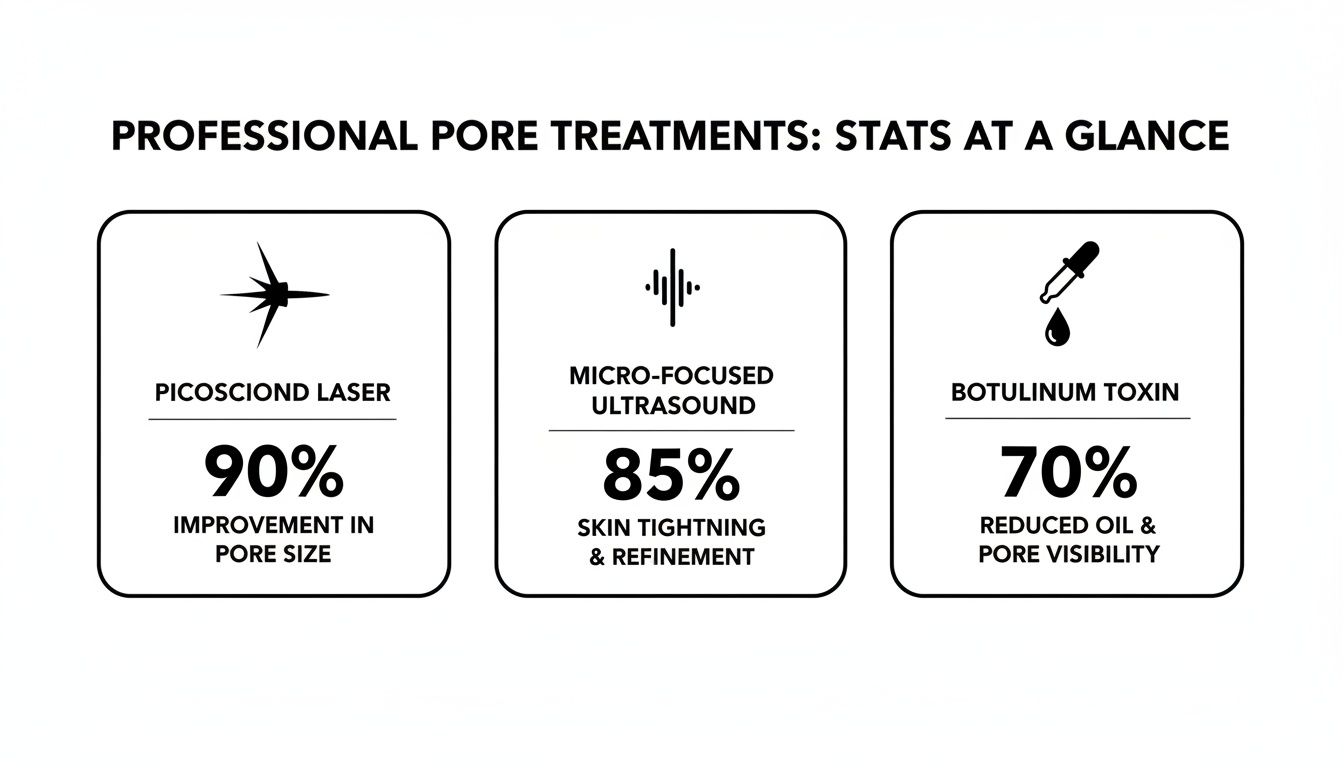 Professional pore treatments infographic with stats for Picosciond Laser, Micro-focused Ultrasound, and Botulinum Toxin.