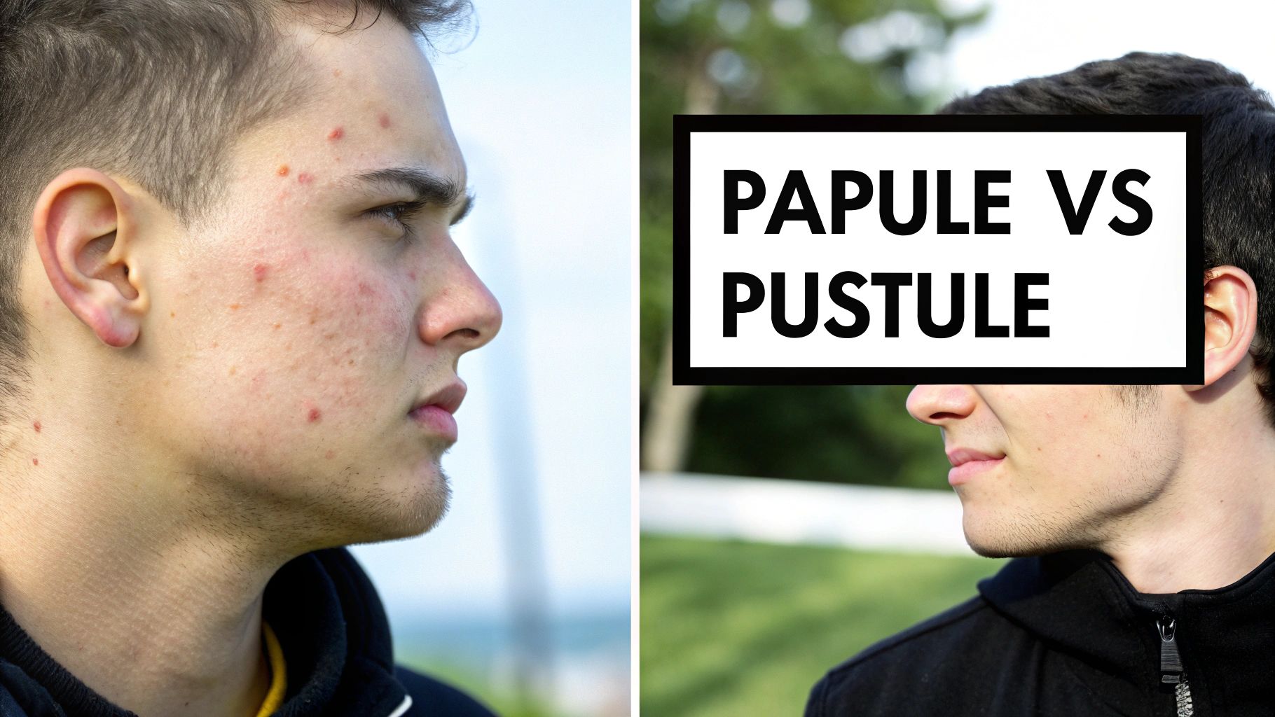 Side-by-side comparison of young men's faces, one with acne, illustrating papules and pustules.