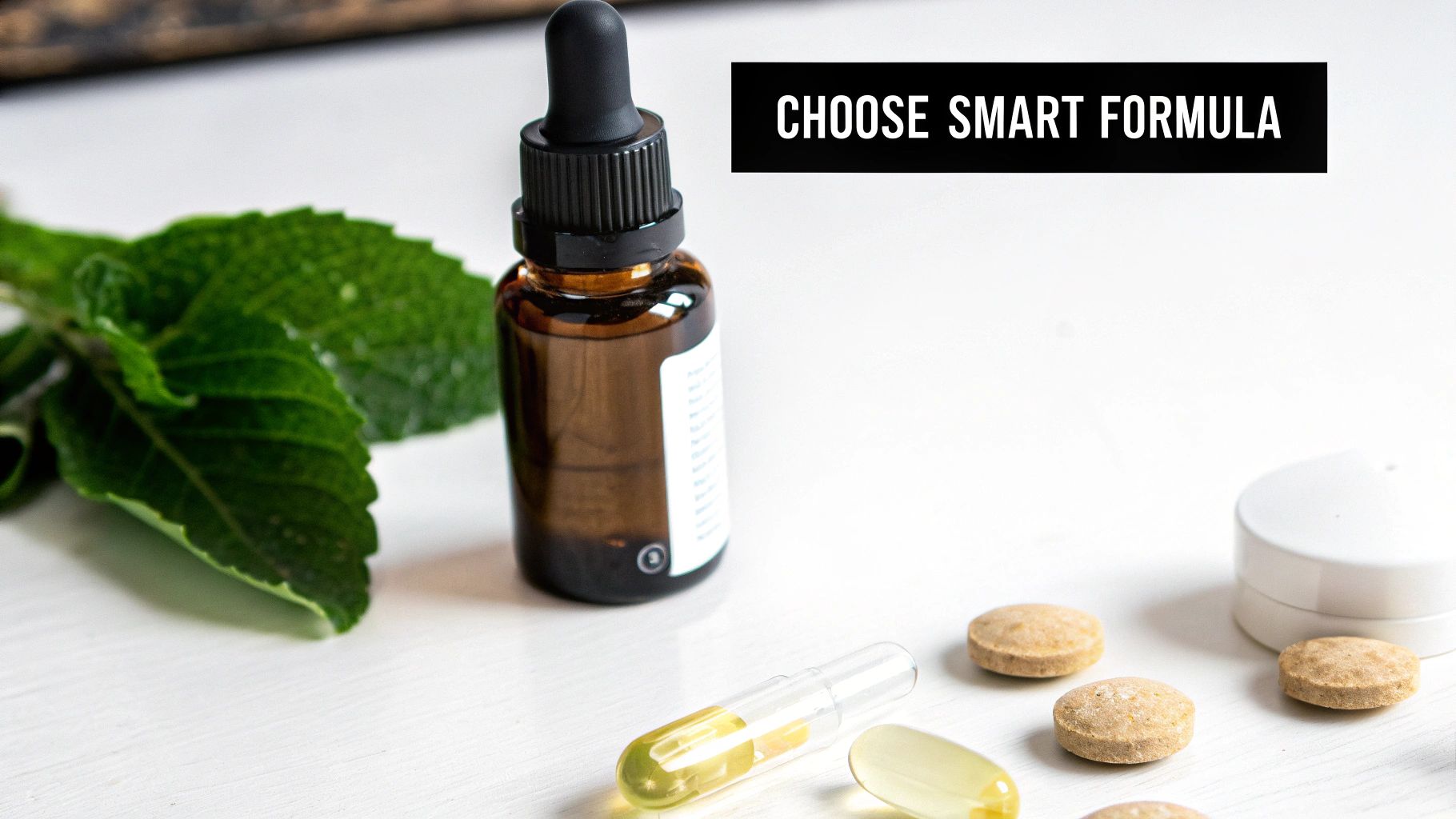 A brown dropper bottle, green leaves, various pills, and capsules on a white surface with text.